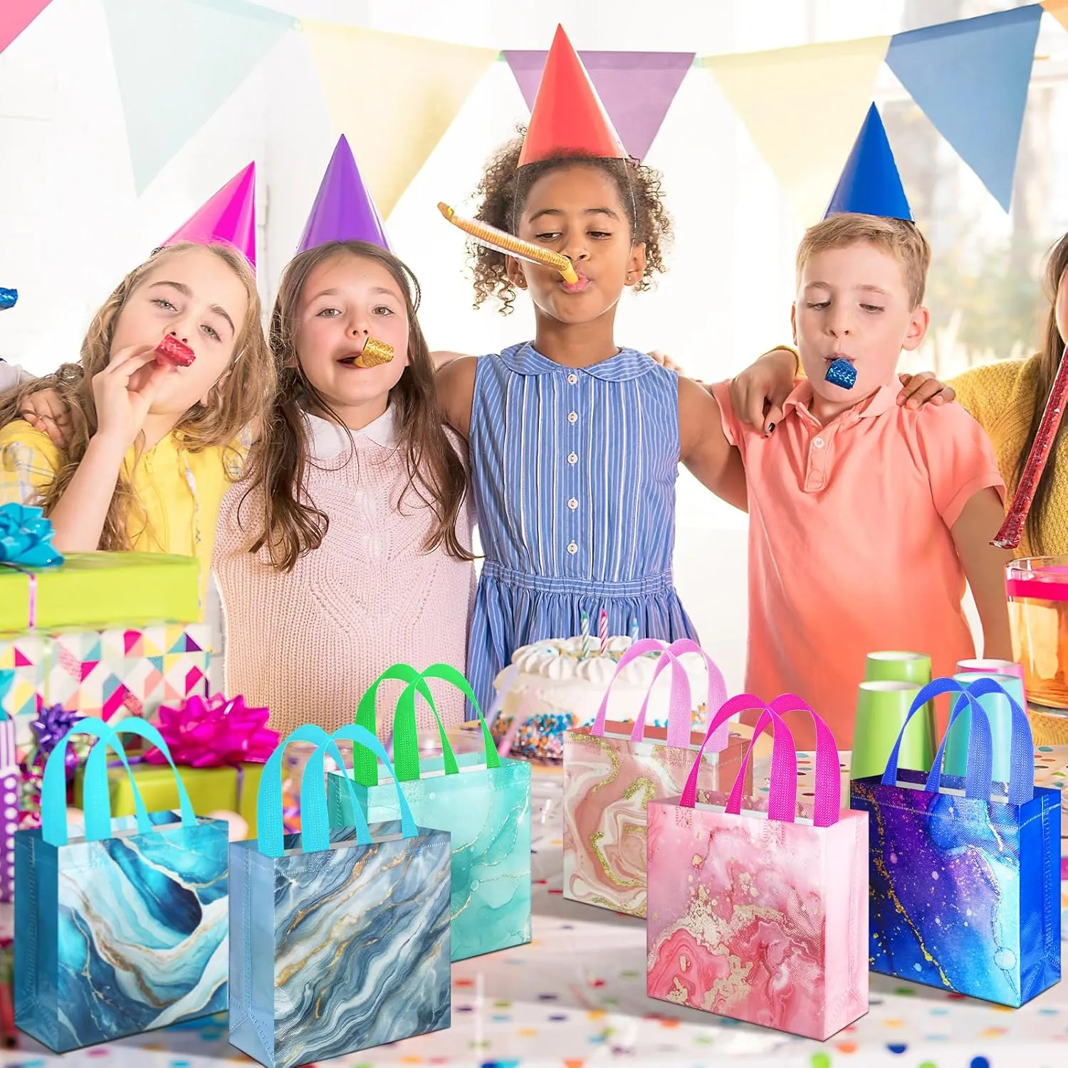 Sweetude 40 Pcs Marble Party Favor Bags with Handle, Non Woven Goodie Dinosaur for Birthday Supplies