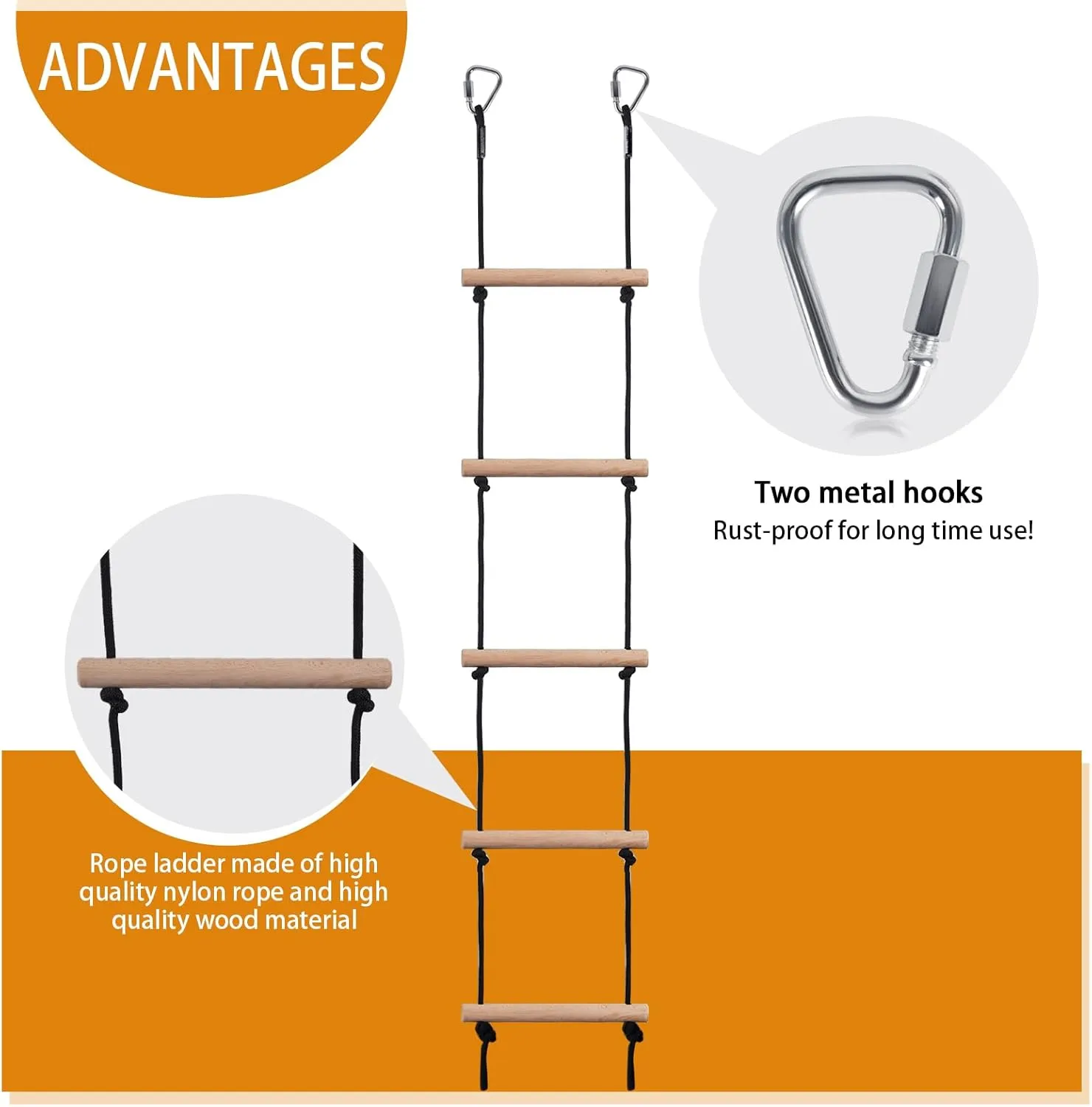 Swing Rope Ladder, Hanging Rope Ladders, Ninja Warrior Obstacle Course Accessories, Kids Climbing Game Hanging Ladder for Swing Accessories,Green (2 Hooks)