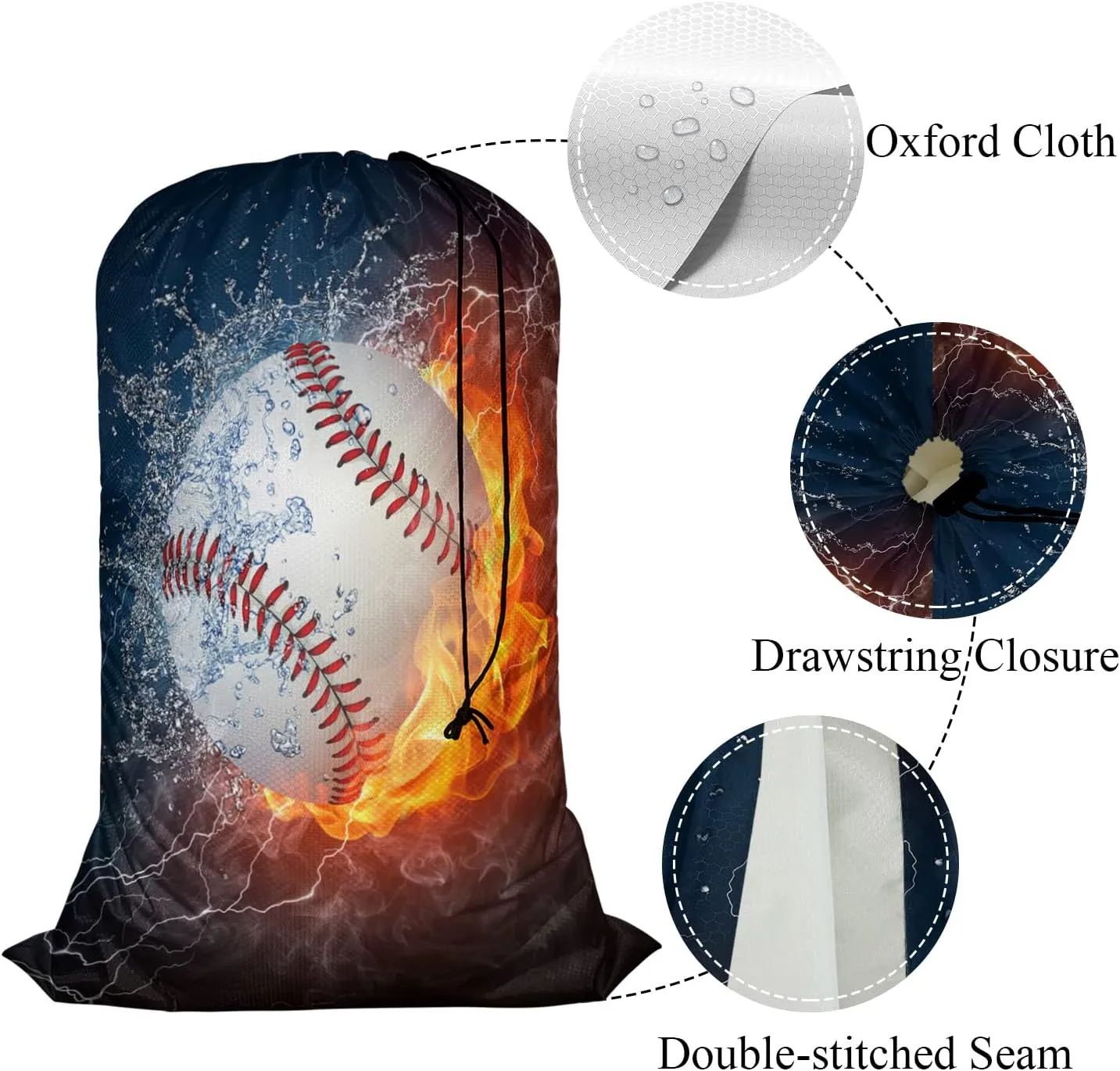 Swono 3D Baseball Print Travel Laundry Bag, Ball In Fire Water Lightening Machine Washable Dirty Clothes Organizer, Large Enough to Hold 4 Loads of Laundry, Easy Fit a Laundry Hamper Basket, Black