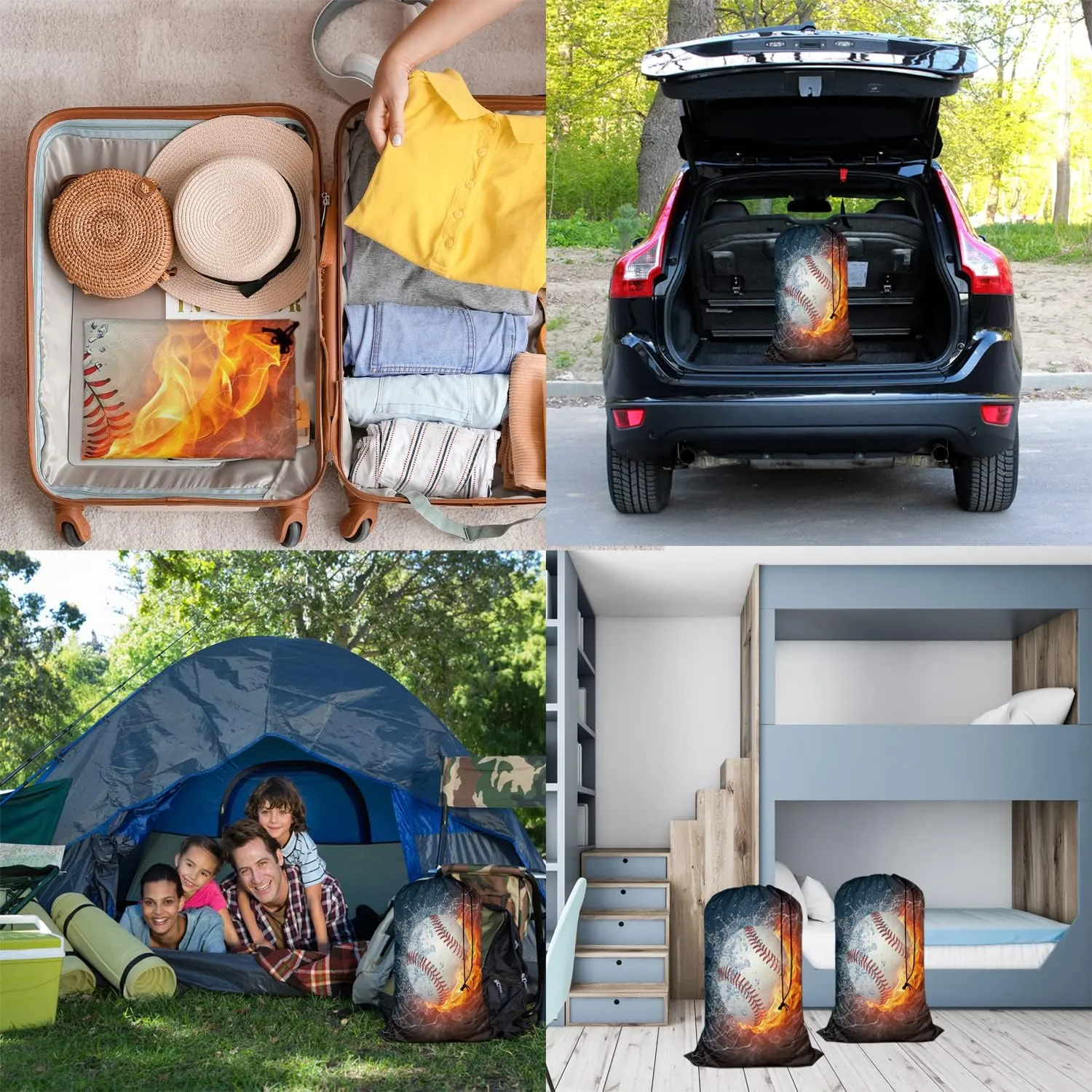 Swono 3D Baseball Print Travel Laundry Bag, Ball In Fire Water Lightening Machine Washable Dirty Clothes Organizer, Large Enough to Hold 4 Loads of Laundry, Easy Fit a Laundry Hamper Basket, Black