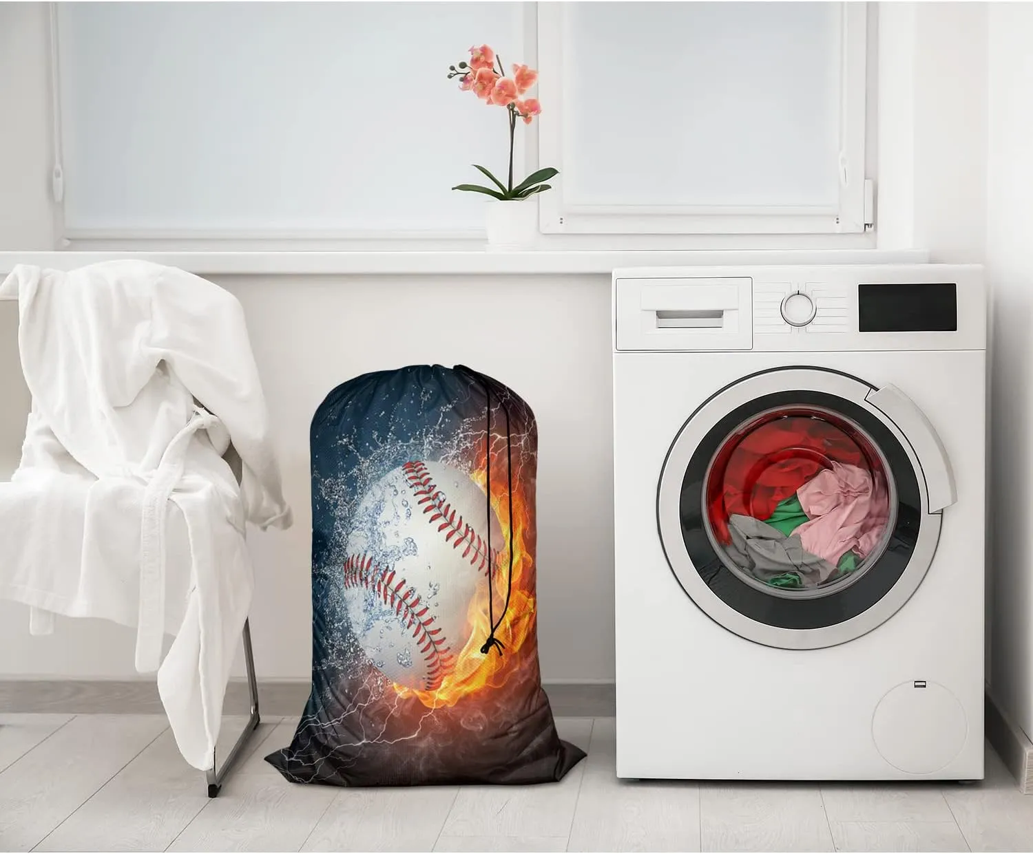 Swono 3D Baseball Print Travel Laundry Bag, Ball In Fire Water Lightening Machine Washable Dirty Clothes Organizer, Large Enough to Hold 4 Loads of Laundry, Easy Fit a Laundry Hamper Basket, Black
