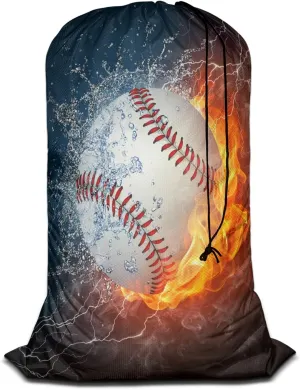 Swono 3D Baseball Print Travel Laundry Bag, Ball In Fire Water Lightening Machine Washable Dirty Clothes Organizer, Large Enough to Hold 4 Loads of Laundry, Easy Fit a Laundry Hamper Basket, Black