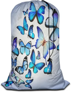 Swono Beautiful Blue Butterflies Large Dirty Clothes Laundry Bag for Laundry Basket Hamper, Flying Animal Garden Fairy Tale Machine Washable Dirty Clothes Organizer