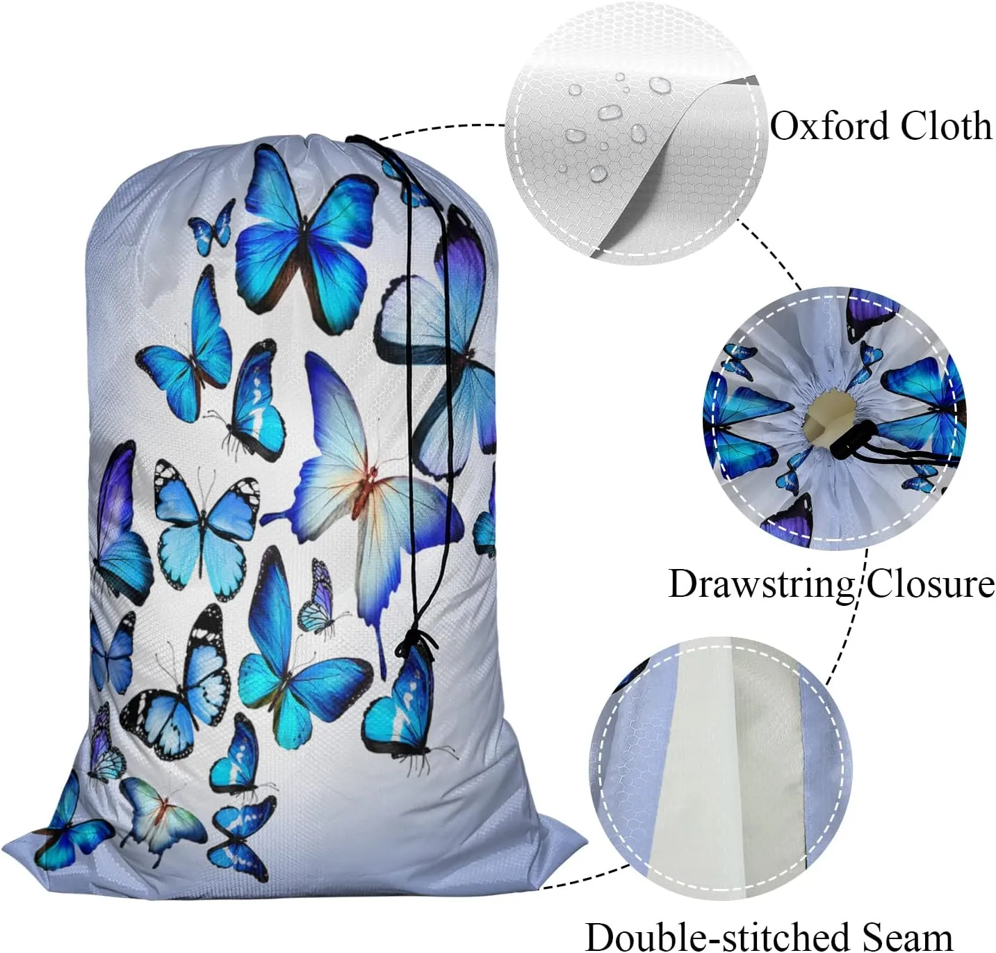 Swono Beautiful Blue Butterflies Large Dirty Clothes Laundry Bag for Laundry Basket Hamper, Flying Animal Garden Fairy Tale Machine Washable Dirty Clothes Organizer
