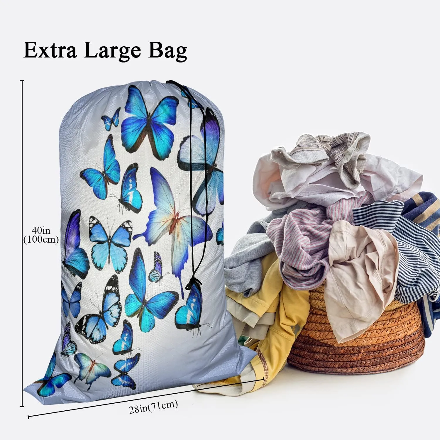 Swono Beautiful Blue Butterflies Large Dirty Clothes Laundry Bag for Laundry Basket Hamper, Flying Animal Garden Fairy Tale Machine Washable Dirty Clothes Organizer