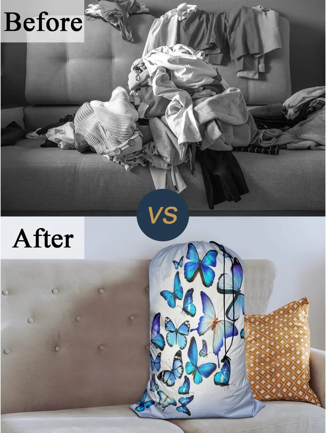 Swono Beautiful Blue Butterflies Large Dirty Clothes Laundry Bag for Laundry Basket Hamper, Flying Animal Garden Fairy Tale Machine Washable Dirty Clothes Organizer