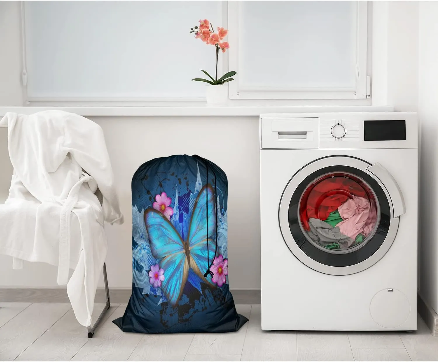 Swono Blue Butterfly Extra Large Laundry Bag with Drawstring Heavy Duty Travel Dirty Clothes Bag for Laundromat Household, Pink Floral Rip-Stop Laundry Hamper Liner, 28 x 40 Inch, Stroke Painting
