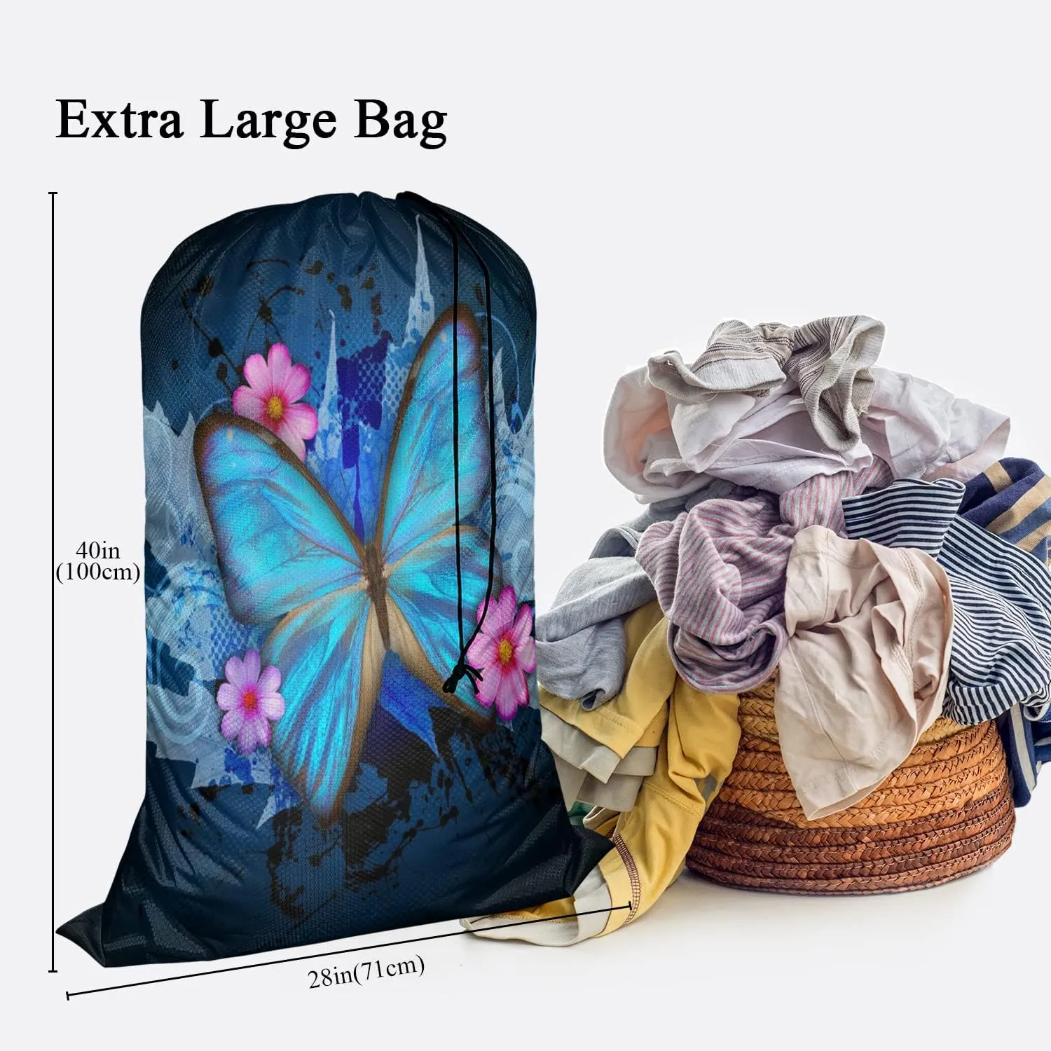 Swono Blue Butterfly Extra Large Laundry Bag with Drawstring Heavy Duty Travel Dirty Clothes Bag for Laundromat Household, Pink Floral Rip-Stop Laundry Hamper Liner, 28 x 40 Inch, Stroke Painting