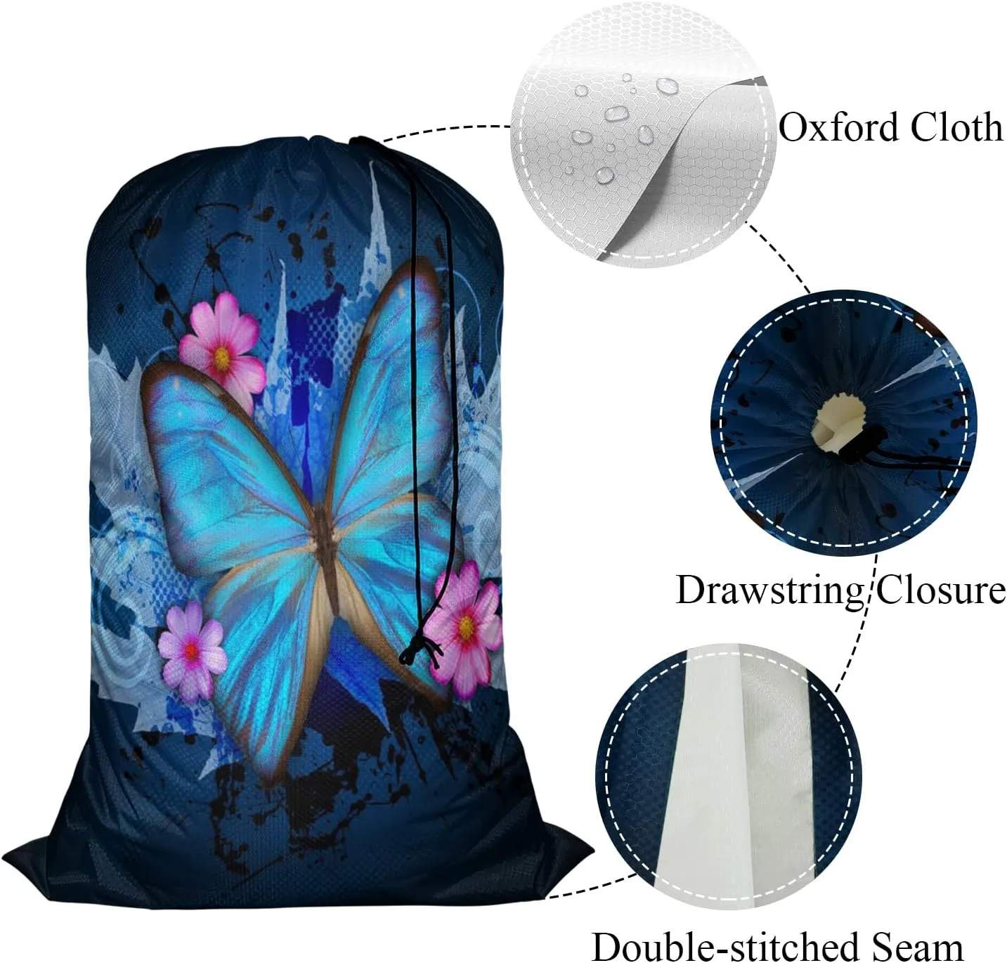 Swono Blue Butterfly Extra Large Laundry Bag with Drawstring Heavy Duty Travel Dirty Clothes Bag for Laundromat Household, Pink Floral Rip-Stop Laundry Hamper Liner, 28 x 40 Inch, Stroke Painting