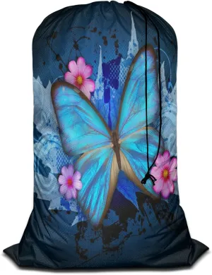 Swono Blue Butterfly Extra Large Laundry Bag with Drawstring Heavy Duty Travel Dirty Clothes Bag for Laundromat Household, Pink Floral Rip-Stop Laundry Hamper Liner, 28 x 40 Inch, Stroke Painting