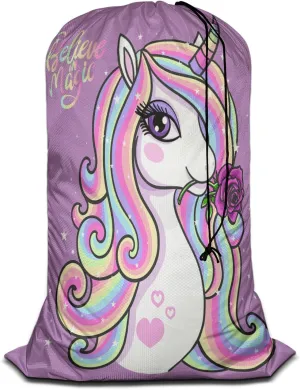 Swono Drawstring Laundry Bag Magic Unicorn Quote Believe In Magic Rose Oversize Storage/Travel Bag for Home - Measures 28 x 40 Inches, Oxford Cloth, Purple