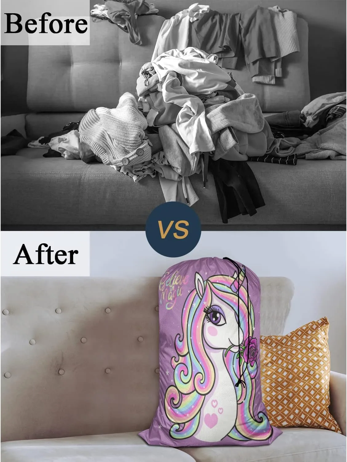 Swono Drawstring Laundry Bag Magic Unicorn Quote Believe In Magic Rose Oversize Storage/Travel Bag for Home - Measures 28 x 40 Inches, Oxford Cloth, Purple