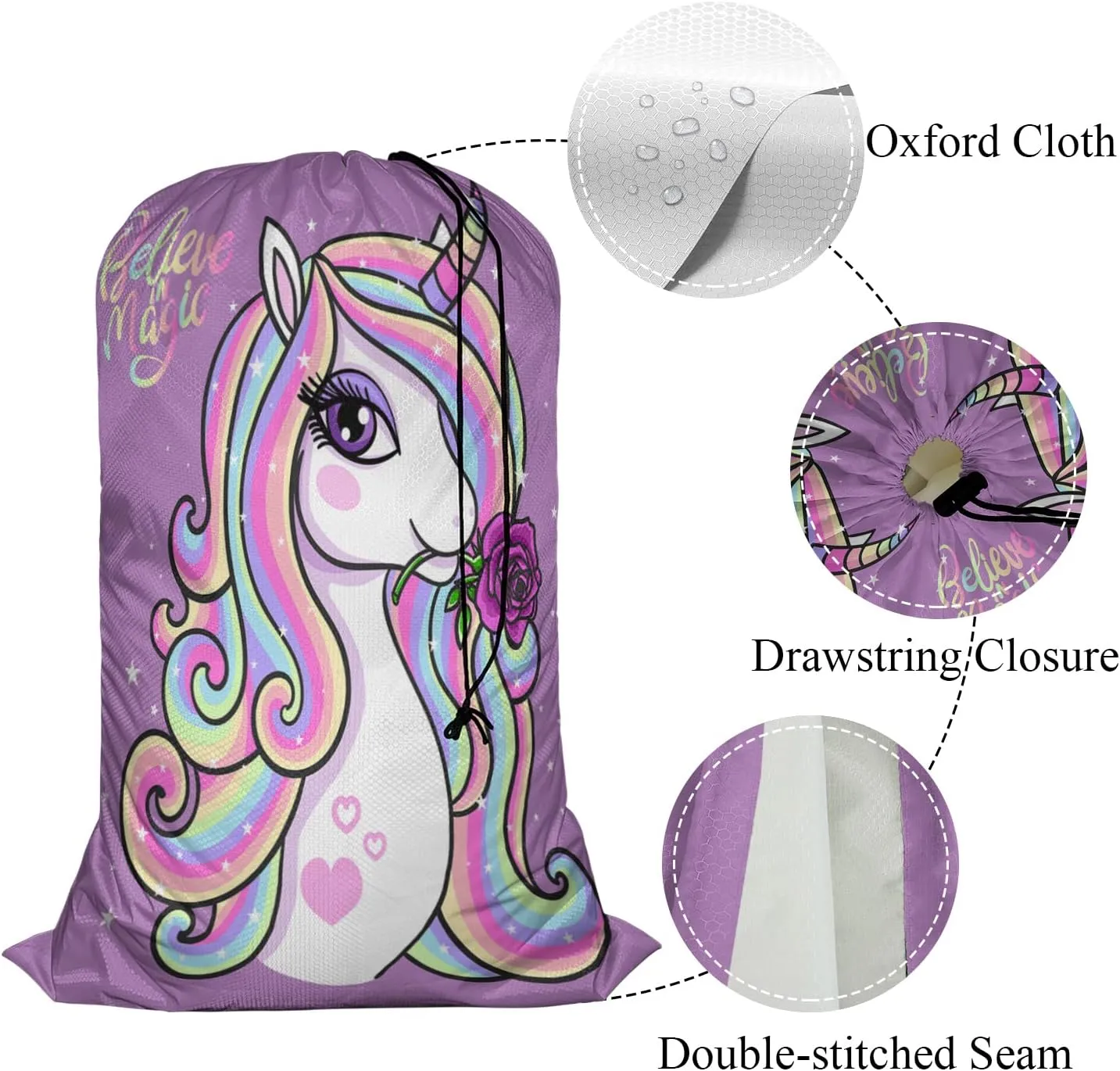 Swono Drawstring Laundry Bag Magic Unicorn Quote Believe In Magic Rose Oversize Storage/Travel Bag for Home - Measures 28 x 40 Inches, Oxford Cloth, Purple
