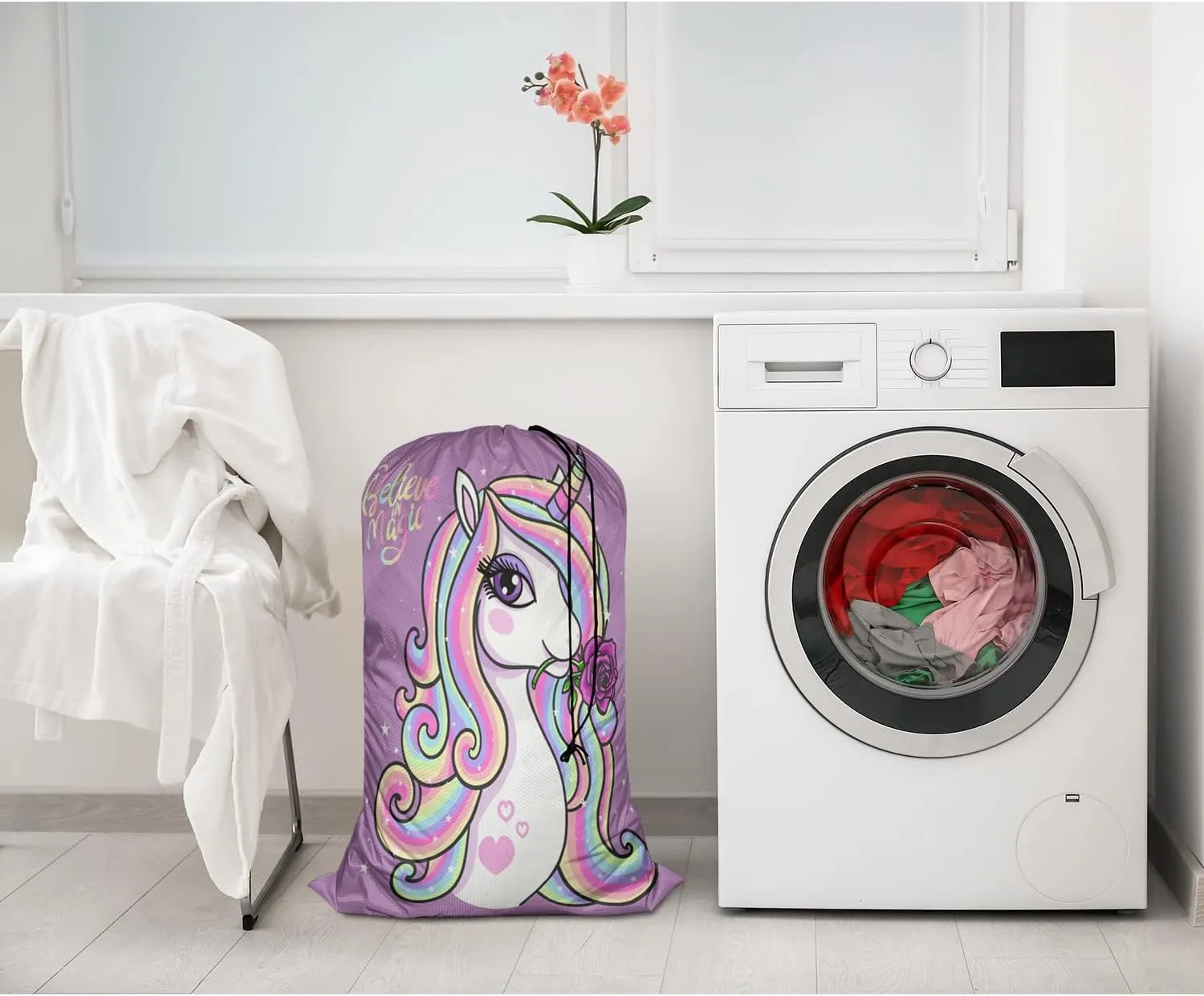 Swono Drawstring Laundry Bag Magic Unicorn Quote Believe In Magic Rose Oversize Storage/Travel Bag for Home - Measures 28 x 40 Inches, Oxford Cloth, Purple