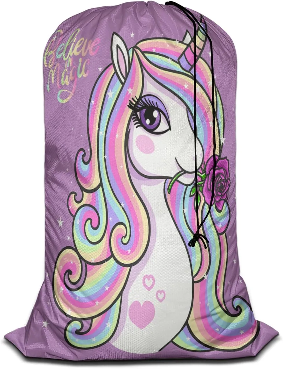 Swono Drawstring Laundry Bag Magic Unicorn Quote Believe In Magic Rose Oversize Storage/Travel Bag for Home - Measures 28 x 40 Inches, Oxford Cloth, Purple
