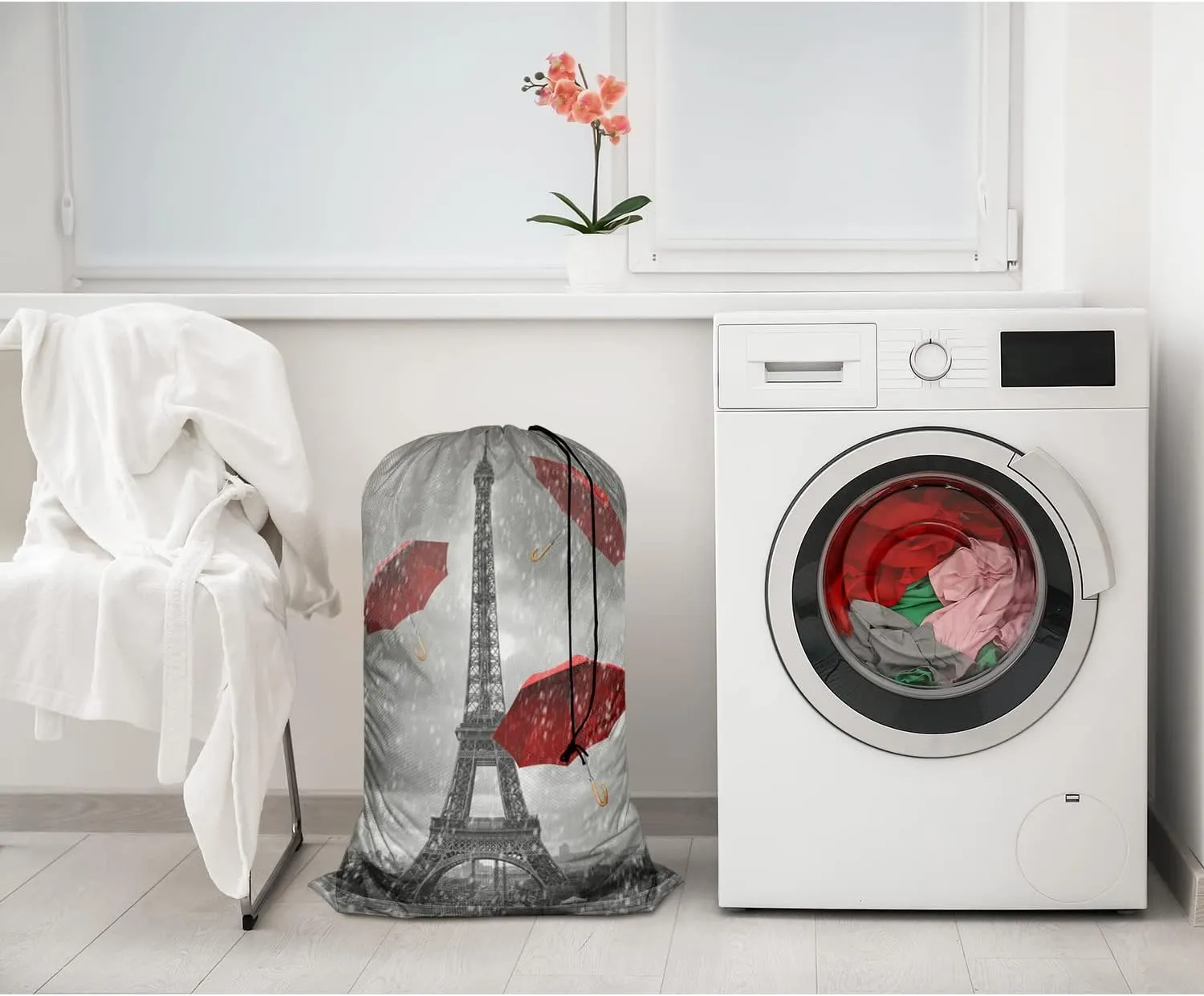 Swono Eiffel Tower Sturdy Laundry Basket Hamper, Flying Red Umbrellas Raindrops Foldable Laundry bag Clothing Organization for Bathroom, Bedroom, Home, Dorm, Travel, Paris