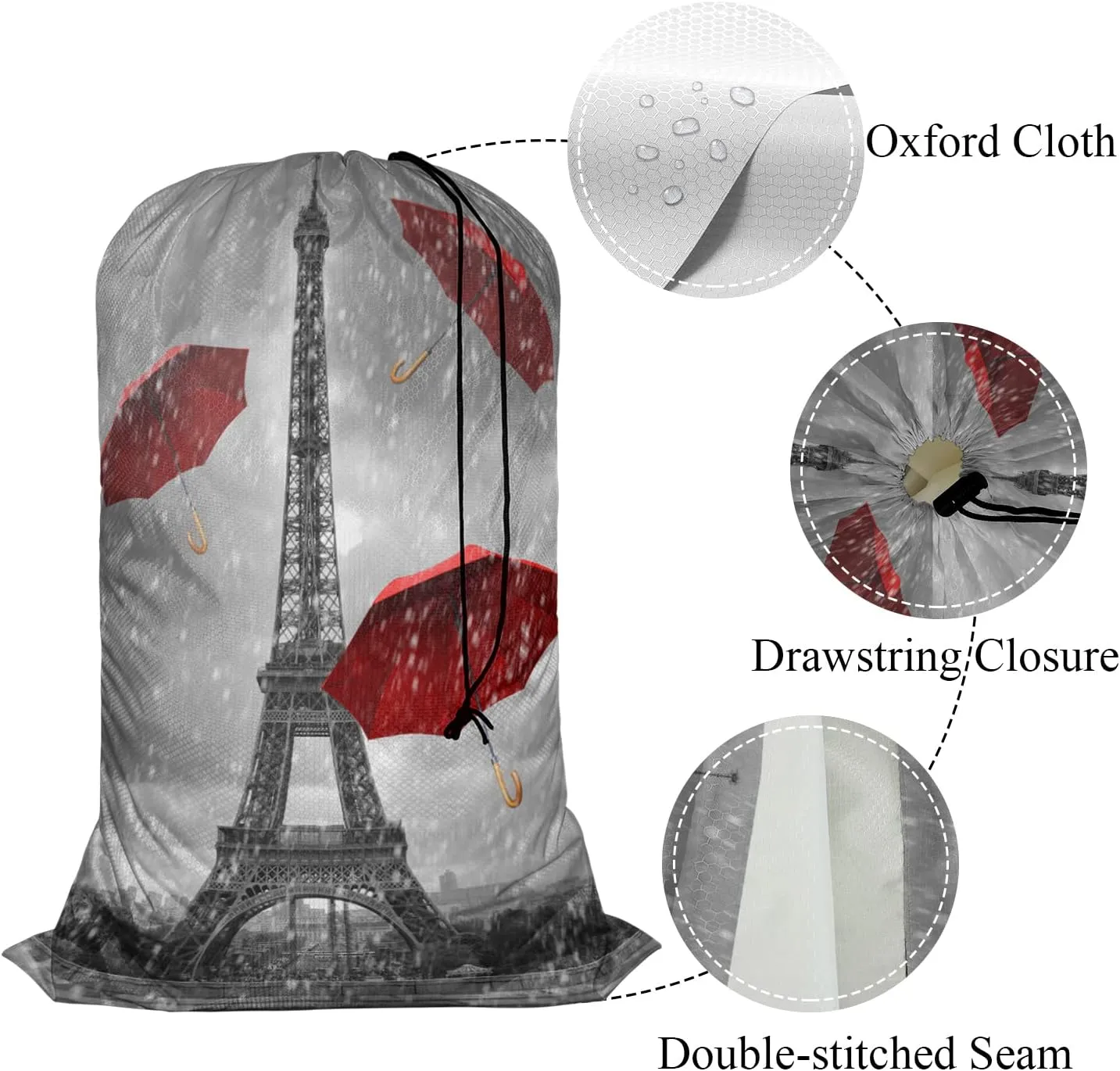 Swono Eiffel Tower Sturdy Laundry Basket Hamper, Flying Red Umbrellas Raindrops Foldable Laundry bag Clothing Organization for Bathroom, Bedroom, Home, Dorm, Travel, Paris