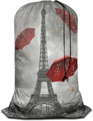 Swono Eiffel Tower Sturdy Laundry Basket Hamper, Flying Red Umbrellas Raindrops Foldable Laundry bag Clothing Organization for Bathroom, Bedroom, Home, Dorm, Travel, Paris