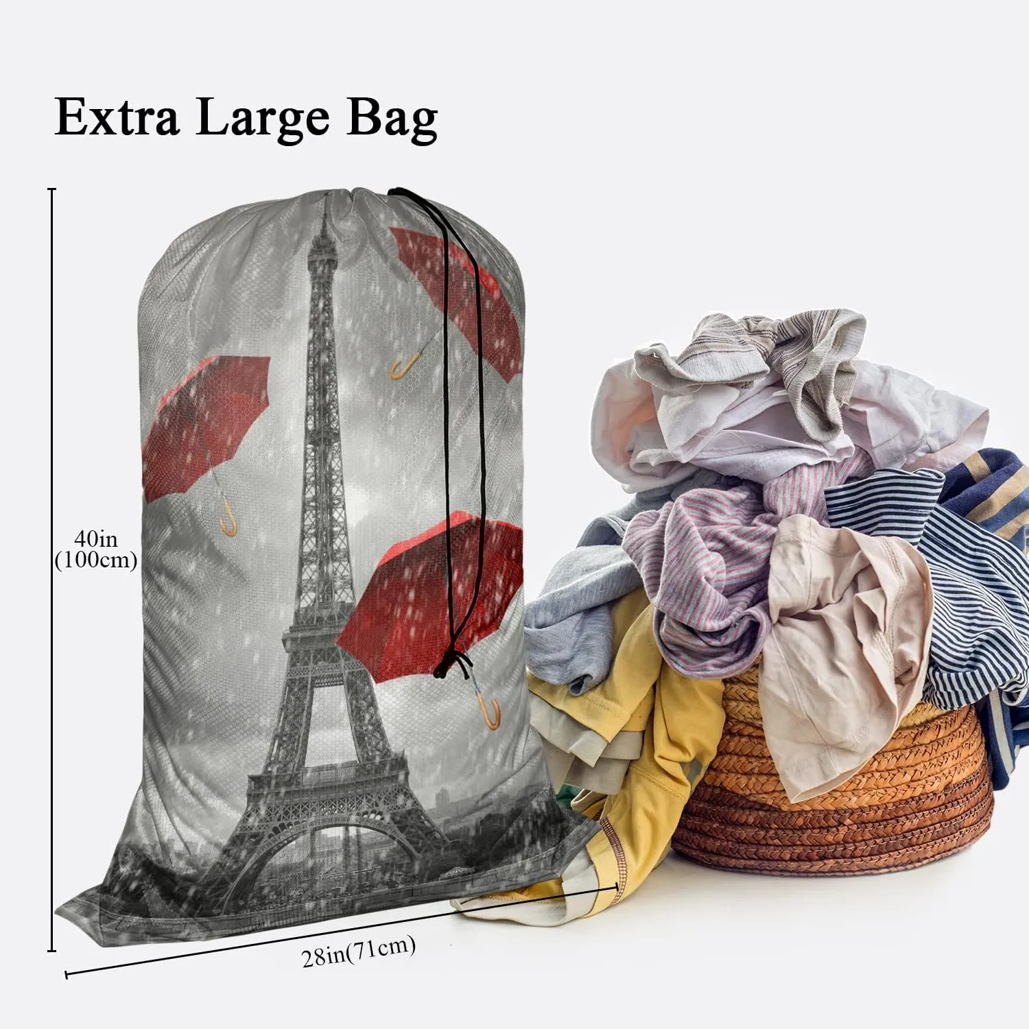 Swono Eiffel Tower Sturdy Laundry Basket Hamper, Flying Red Umbrellas Raindrops Foldable Laundry bag Clothing Organization for Bathroom, Bedroom, Home, Dorm, Travel, Paris