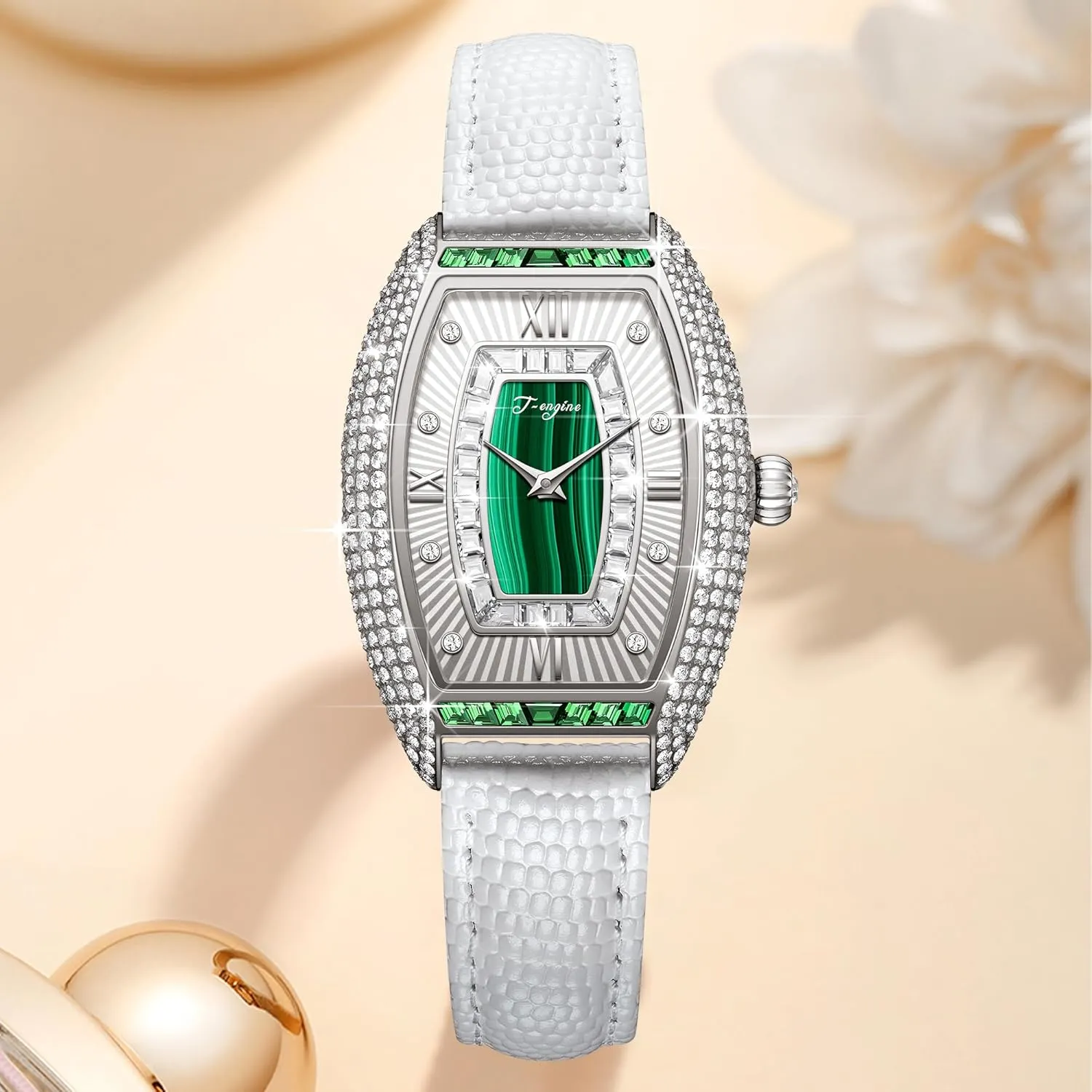T-ENGINE Luxury Women's Watch with Diamond Inlay, Multi-Colored Zircon Accents, Sapphire Glass Face, Genuine Leather Strap - Elegant Women's Wrist Watch
