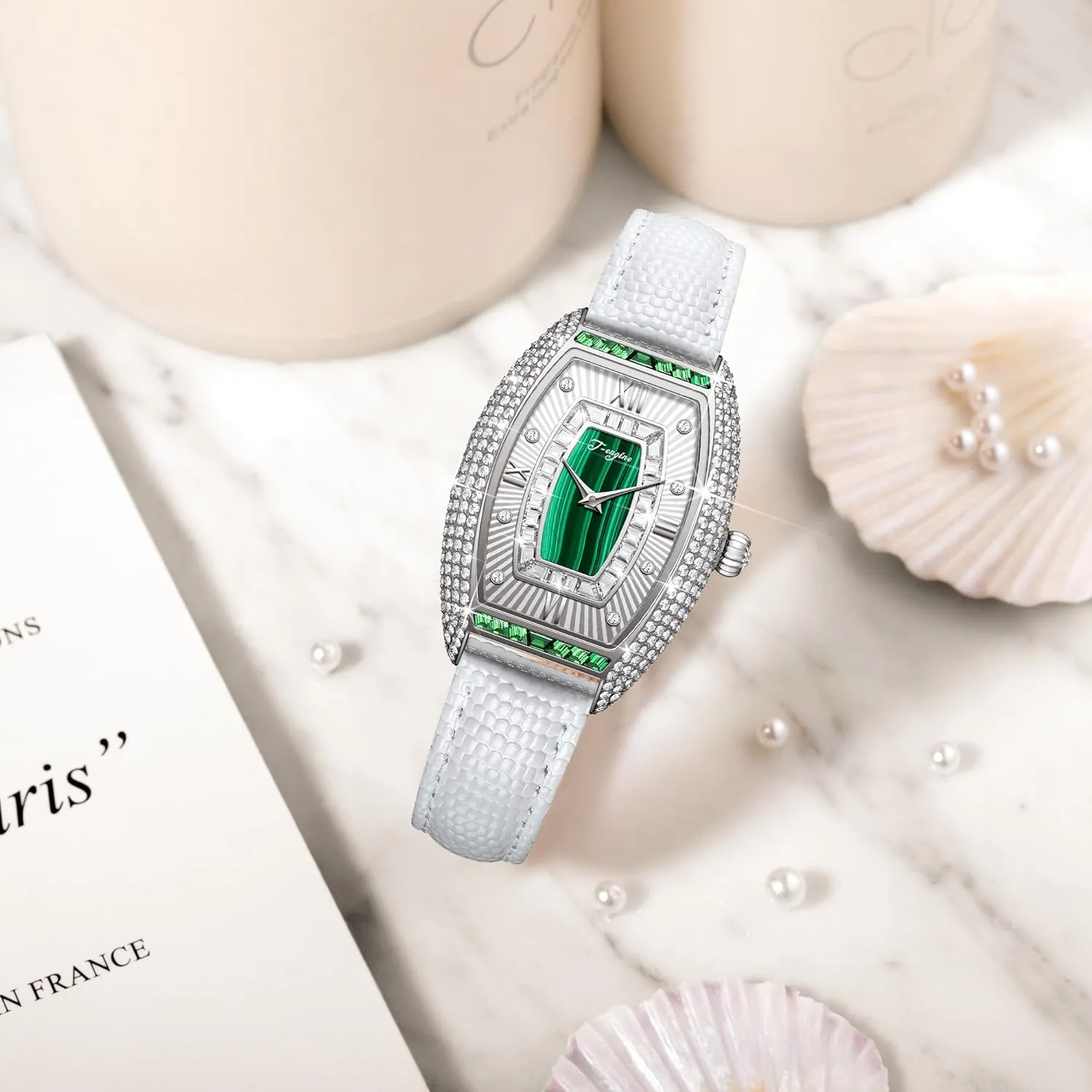 T-ENGINE Luxury Women's Watch with Diamond Inlay, Multi-Colored Zircon Accents, Sapphire Glass Face, Genuine Leather Strap - Elegant Women's Wrist Watch