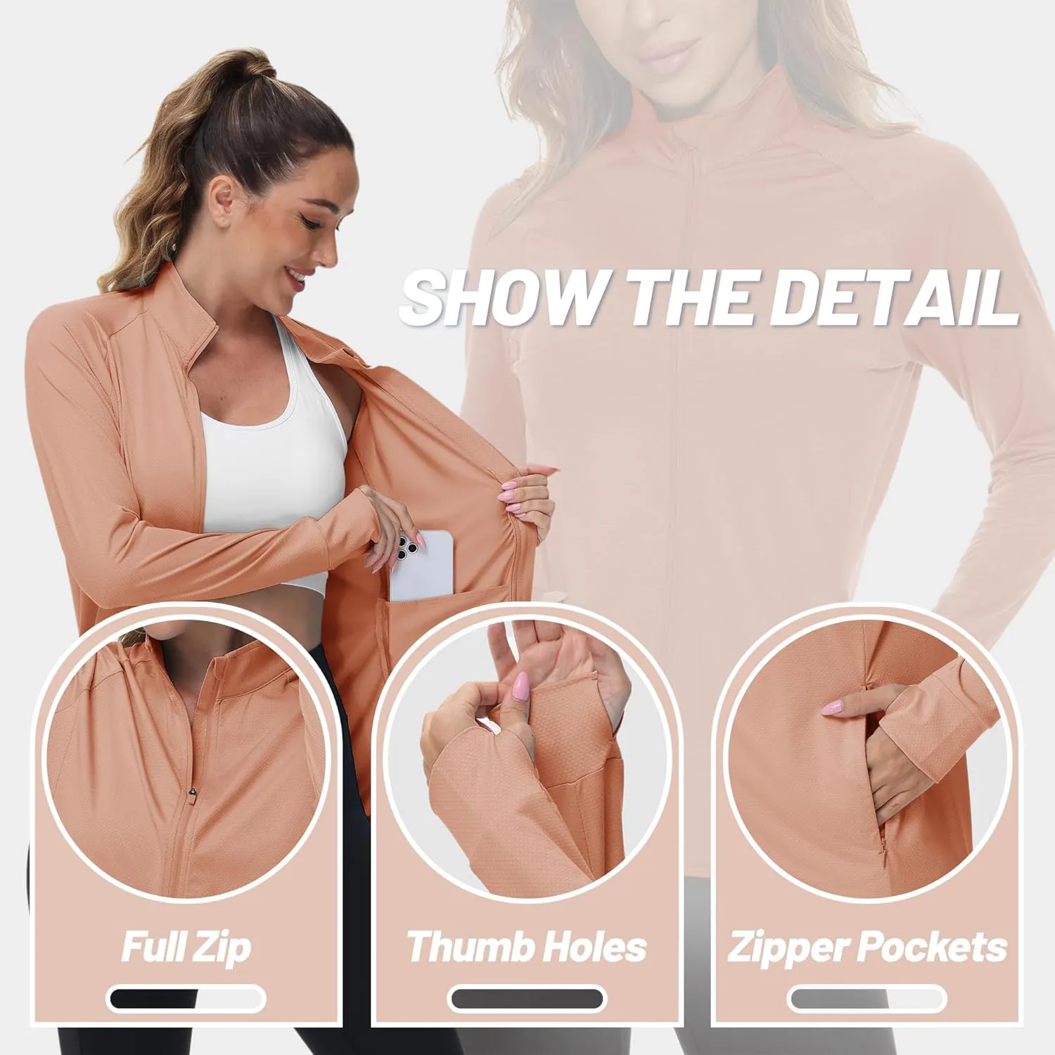 TACVASEN Women's Athletic Jackets Lightweight UV Protection Shirts Full Zip Workout Jacket UPF 50  Long Sleeve Sun Shirt