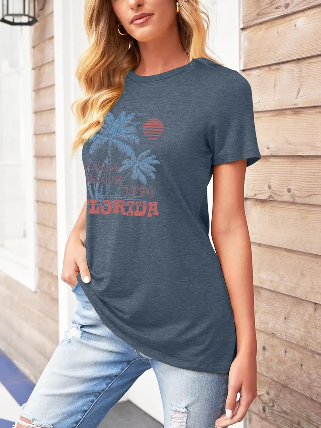 TAKEYAL Women Los Angeles Graphic T Shirts California Letter Print Short Sleeve Tee Loose Casual Tops