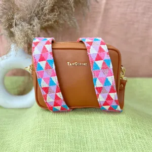 Tan Dual Compartment Bag with Pink Multi-color Triangle Belt