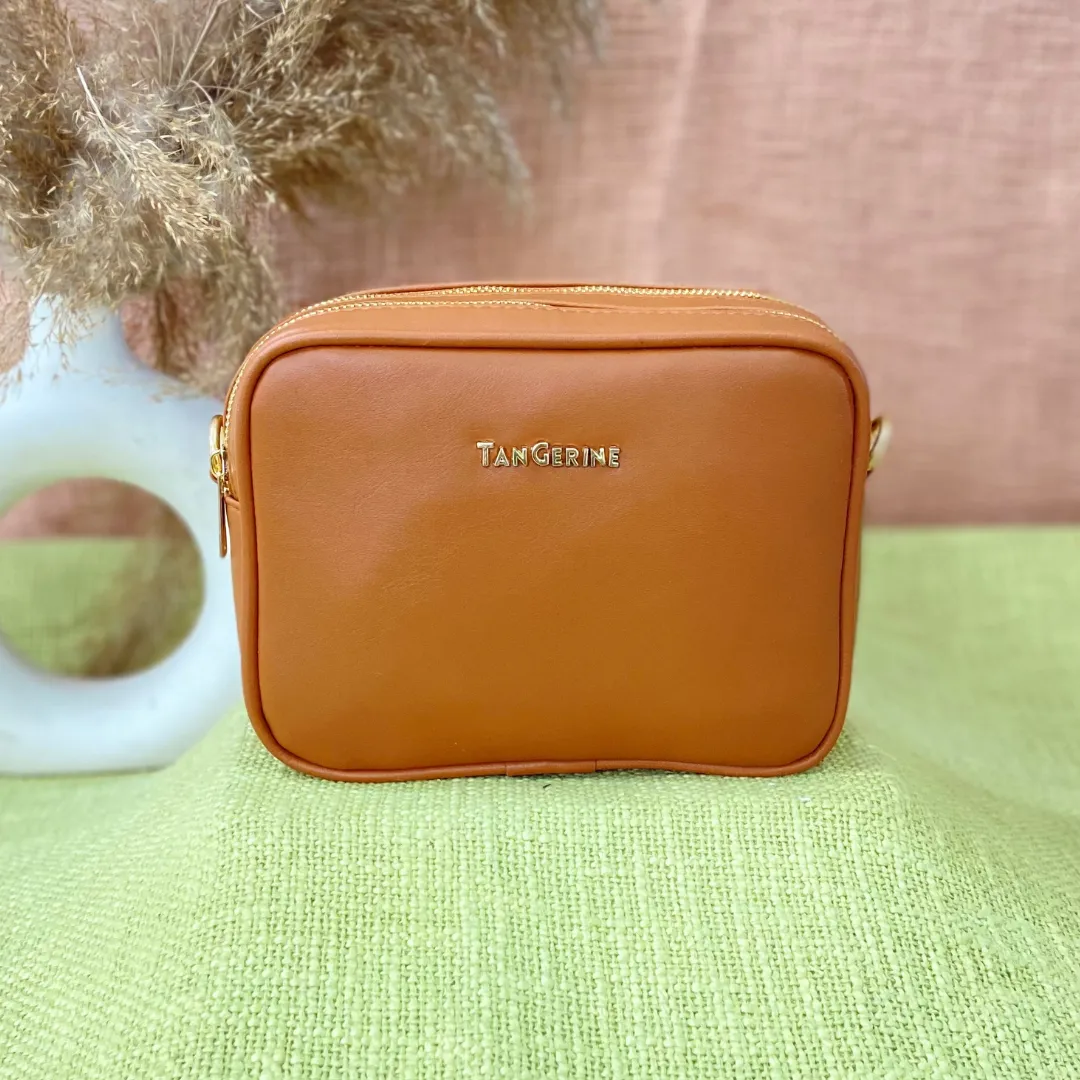 Tan Dual Compartment Bag with Tan Vibrant Belt   Big Wallet Combo