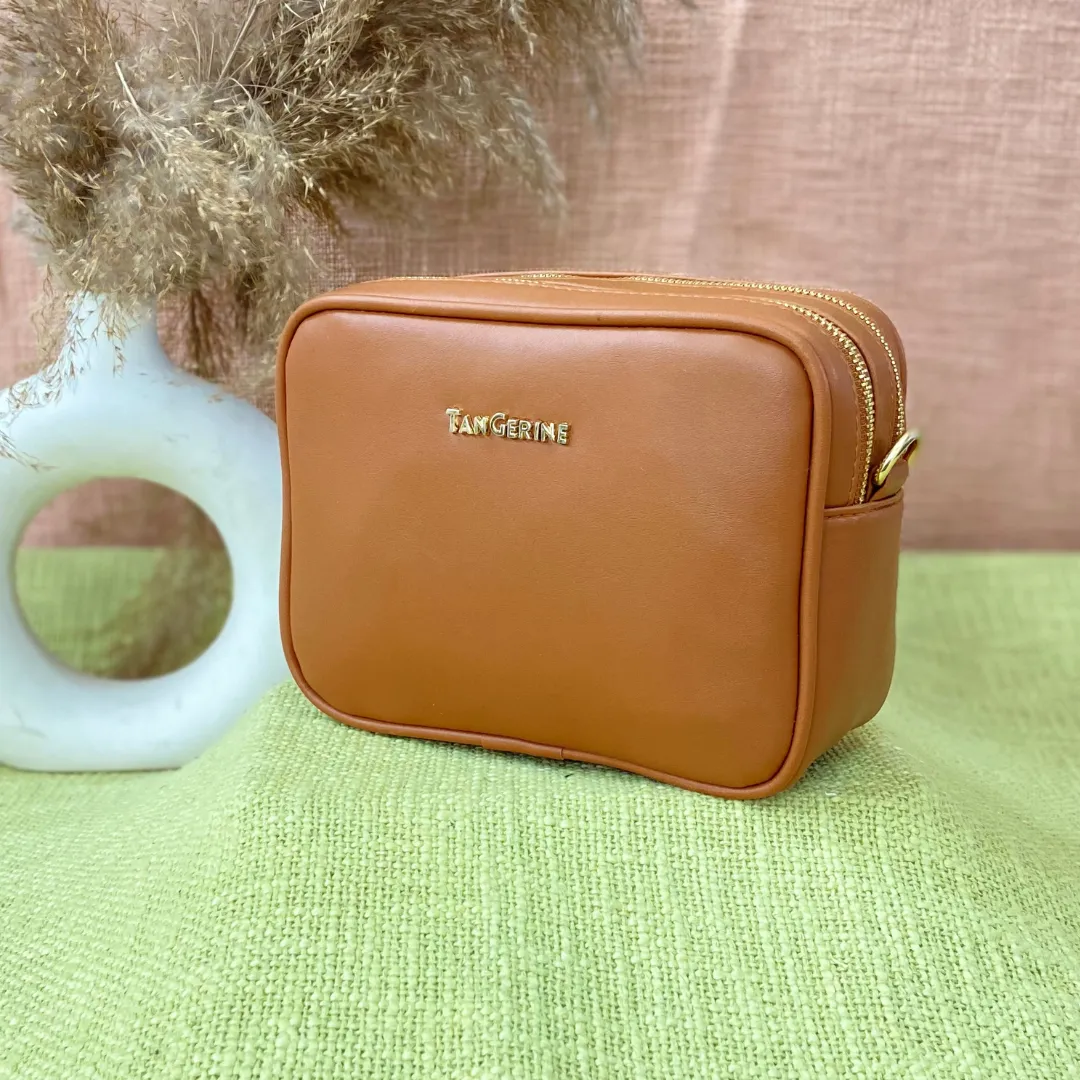 Tan Dual Compartment Bag with Tan Vibrant Belt   Big Wallet Combo