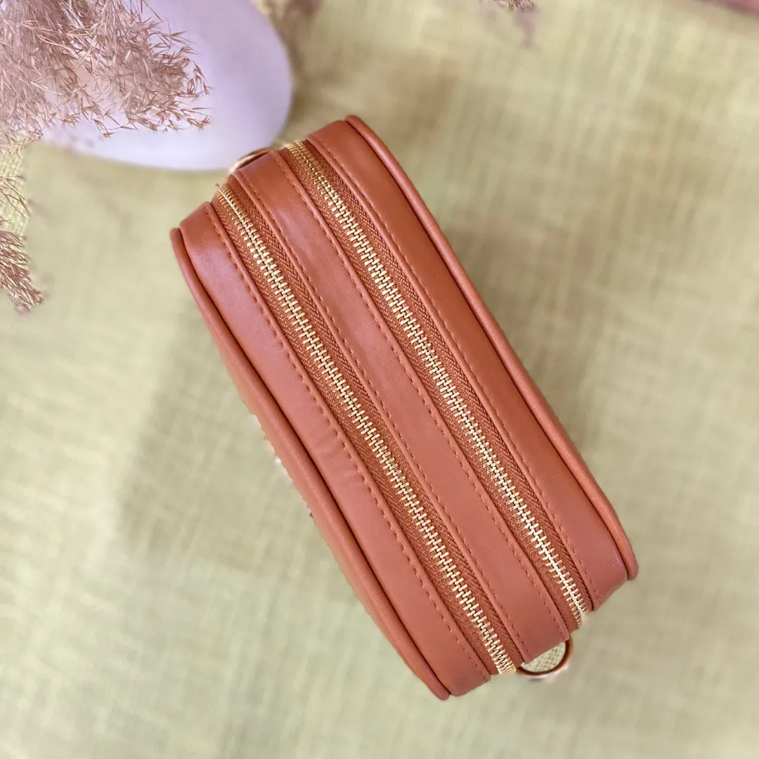 Tan Dual Compartment Bag with Tan Vibrant Belt   Big Wallet Combo