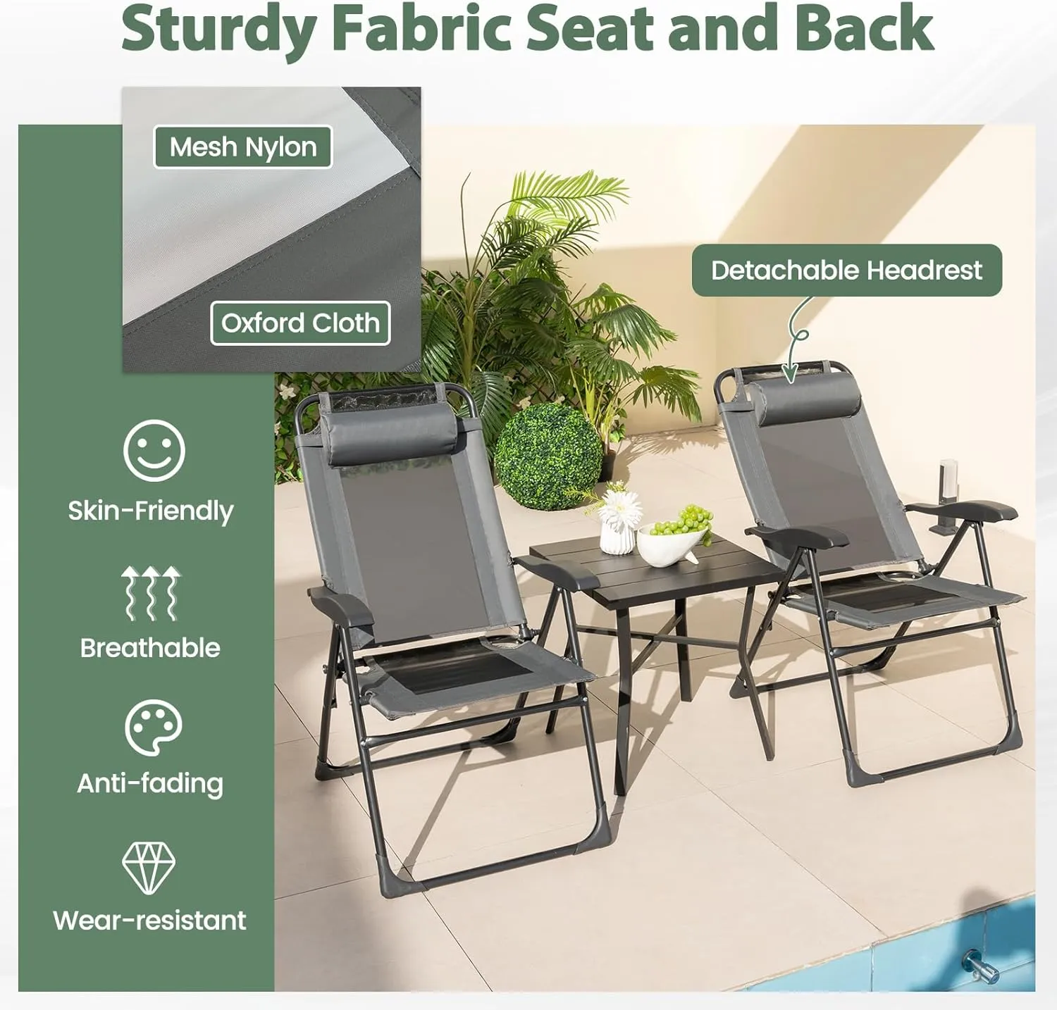 Tangkula Folding Patio Chairs Set of 2, Outdoor Dining Chairs with 7 Adjustable Backrest Positions, Breathable Mesh Fabric Seat, Metal Frame, Portable Reclining Camping Chairs for Patio Garden Yard