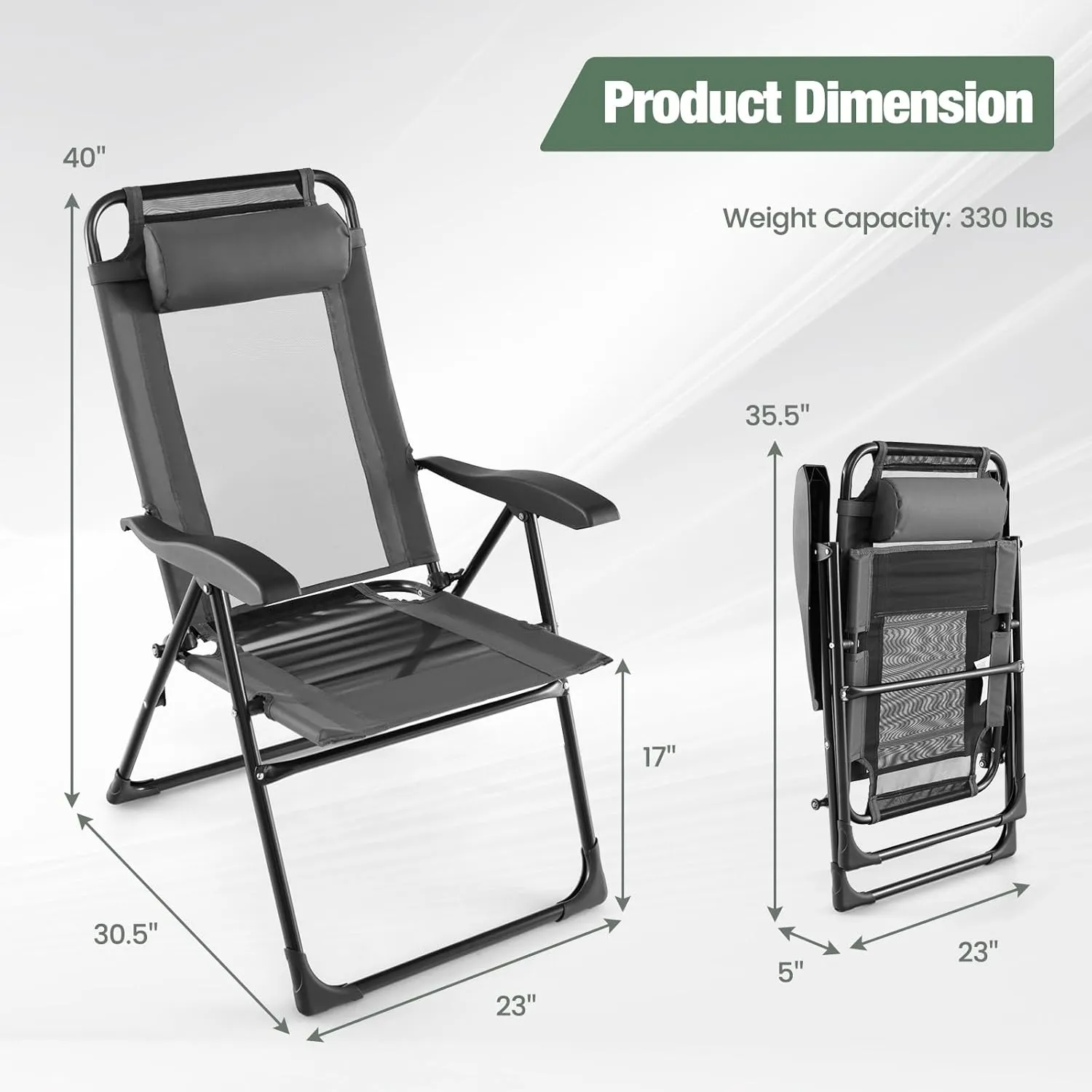 Tangkula Folding Patio Chairs Set of 2, Outdoor Dining Chairs with 7 Adjustable Backrest Positions, Breathable Mesh Fabric Seat, Metal Frame, Portable Reclining Camping Chairs for Patio Garden Yard