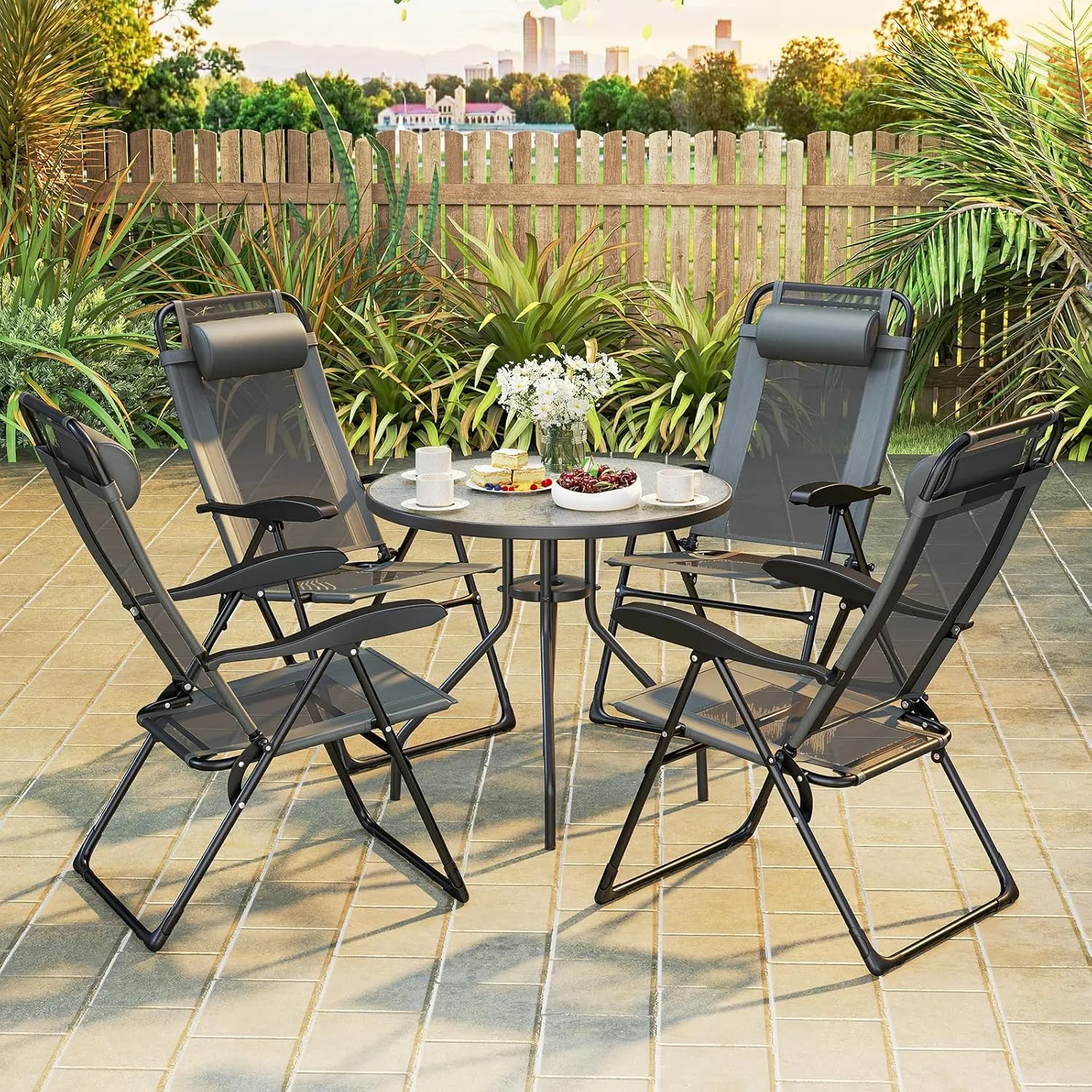 Tangkula Folding Patio Chairs Set of 2, Outdoor Dining Chairs with 7 Adjustable Backrest Positions, Breathable Mesh Fabric Seat, Metal Frame, Portable Reclining Camping Chairs for Patio Garden Yard