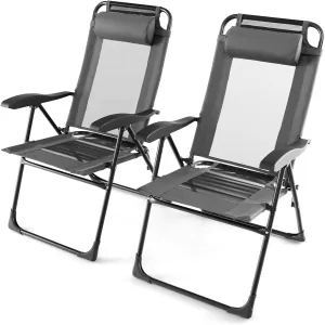 Tangkula Folding Patio Chairs Set of 2, Outdoor Dining Chairs with 7 Adjustable Backrest Positions, Breathable Mesh Fabric Seat, Metal Frame, Portable Reclining Camping Chairs for Patio Garden Yard