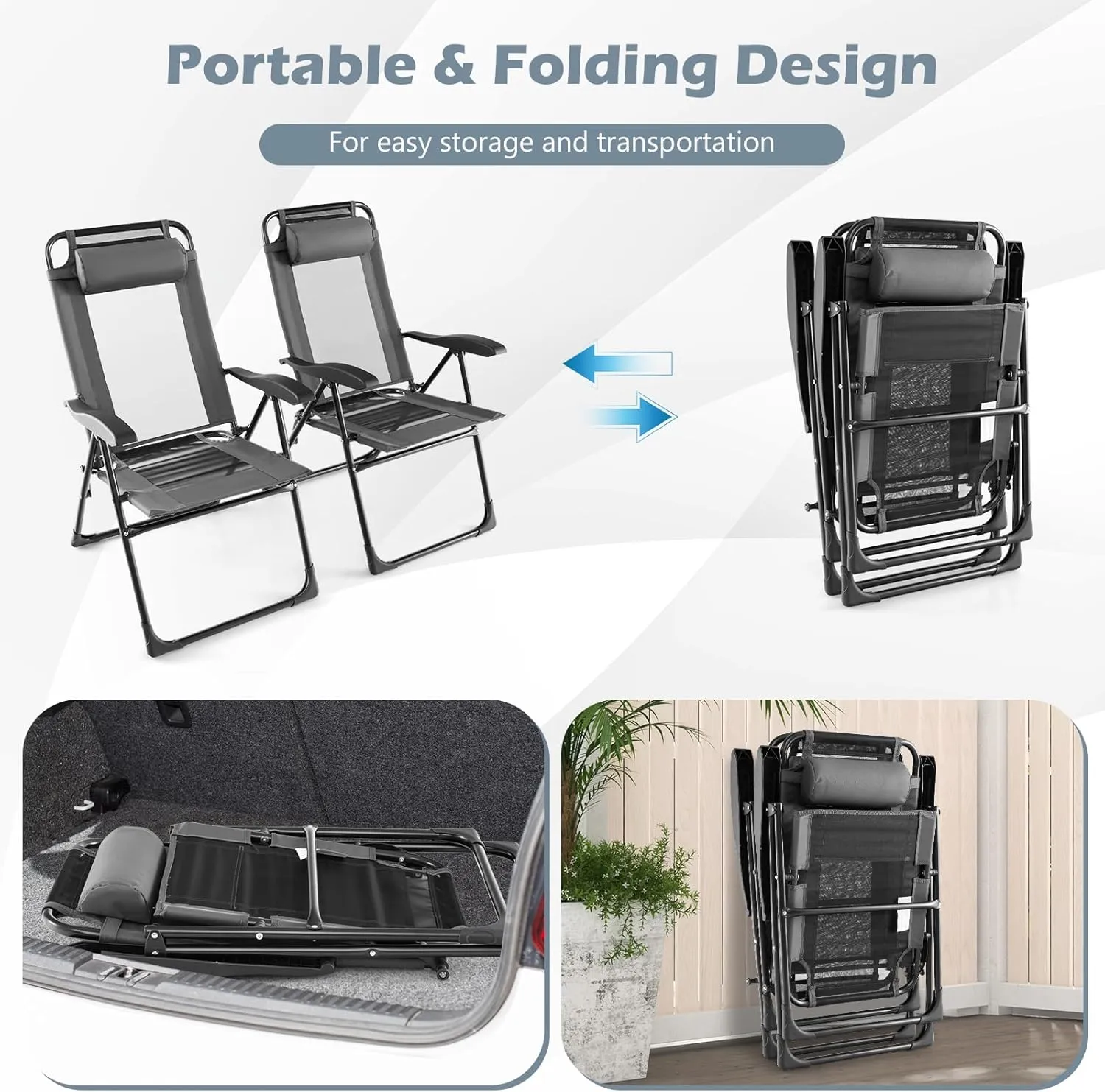 Tangkula Folding Patio Chairs Set of 2, Outdoor Dining Chairs with 7 Adjustable Backrest Positions, Breathable Mesh Fabric Seat, Metal Frame, Portable Reclining Camping Chairs for Patio Garden Yard