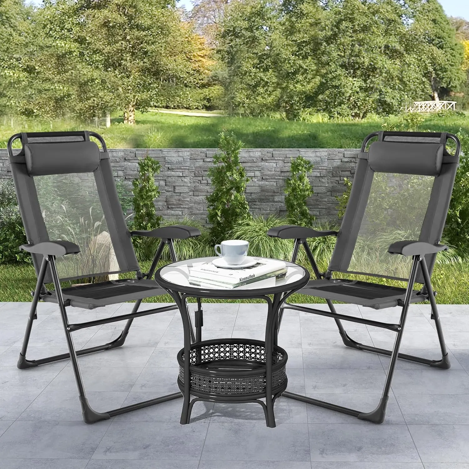Tangkula Folding Patio Chairs Set of 2, Outdoor Dining Chairs with 7 Adjustable Backrest Positions, Breathable Mesh Fabric Seat, Metal Frame, Portable Reclining Camping Chairs for Patio Garden Yard