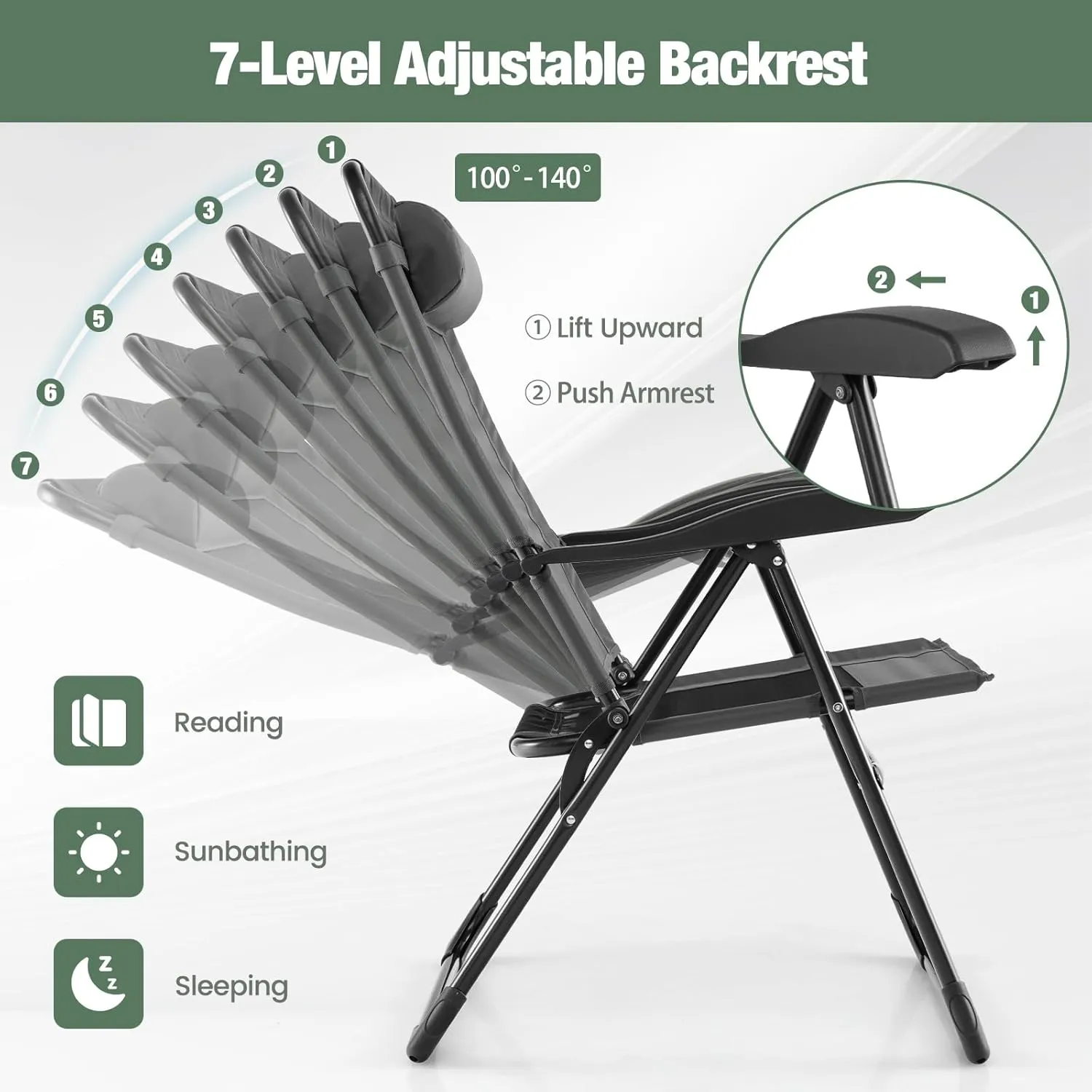 Tangkula Folding Patio Chairs Set of 2, Outdoor Dining Chairs with 7 Adjustable Backrest Positions, Breathable Mesh Fabric Seat, Metal Frame, Portable Reclining Camping Chairs for Patio Garden Yard