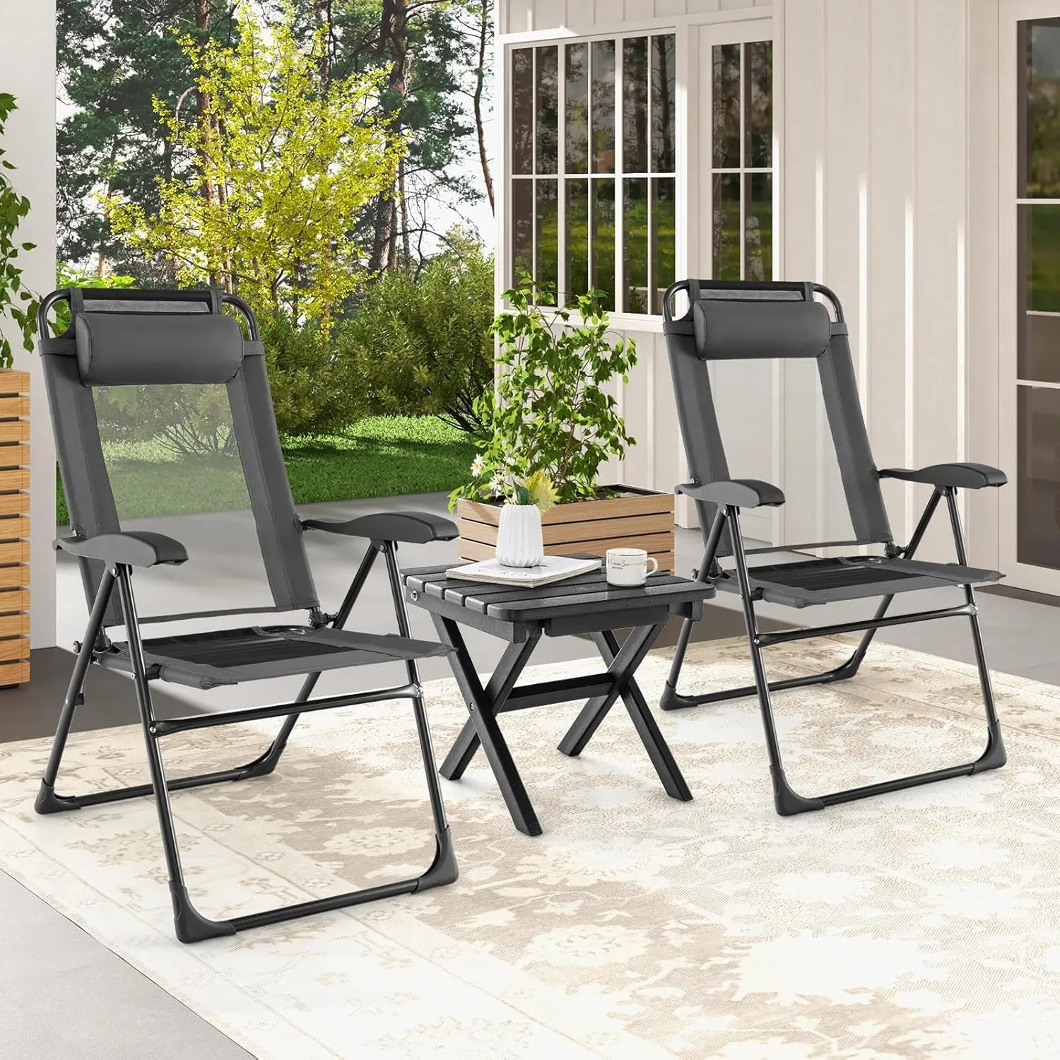 Tangkula Folding Patio Chairs Set of 2, Outdoor Dining Chairs with 7 Adjustable Backrest Positions, Breathable Mesh Fabric Seat, Metal Frame, Portable Reclining Camping Chairs for Patio Garden Yard
