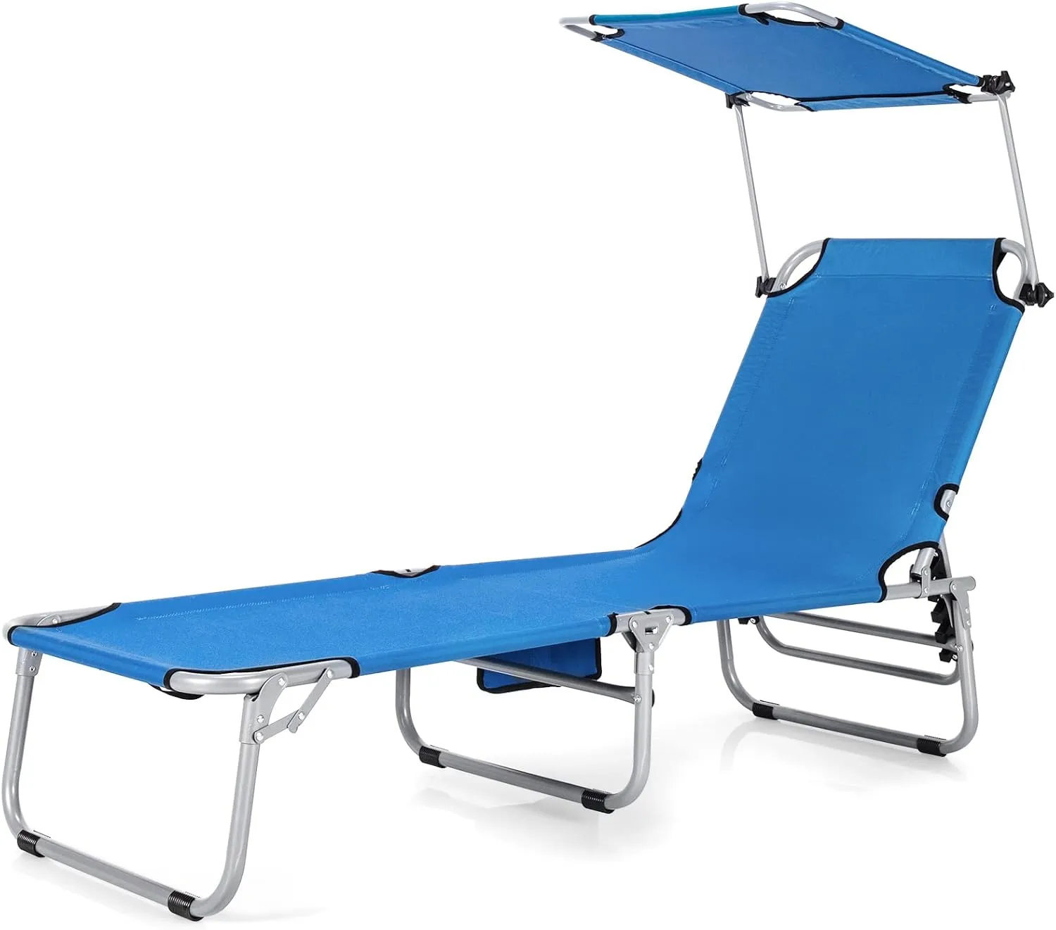 Tangkula Outdoor Folding Chaise Lounge Chair, 5-Fold Reclining Beach Chair, Patio Recliner Chair w/ 360° Canopy Shade & Side Storage Pocket, Portable Chaise Lounge for Beach, Sunbathing (1, Navy)