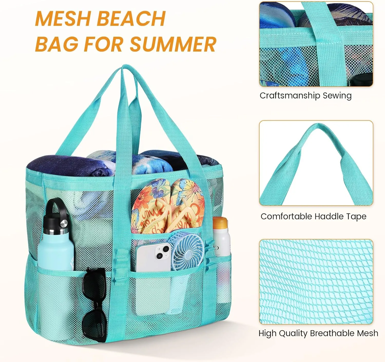 Tavaleu Mesh Beach Bag - Large Beach Tote with Multi Functional Pockets for Family Travel/Vacation
