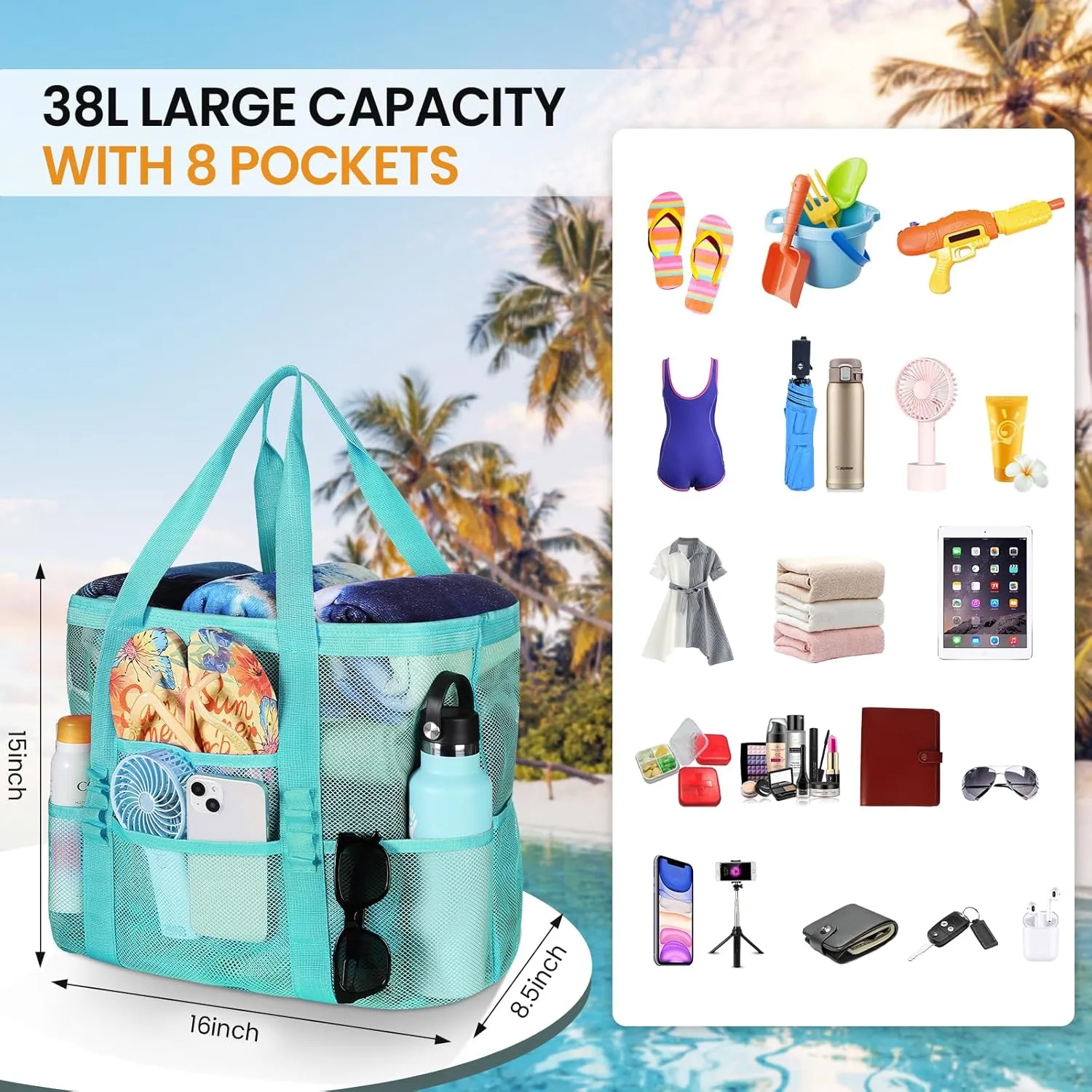 Tavaleu Mesh Beach Bag - Large Beach Tote with Multi Functional Pockets for Family Travel/Vacation