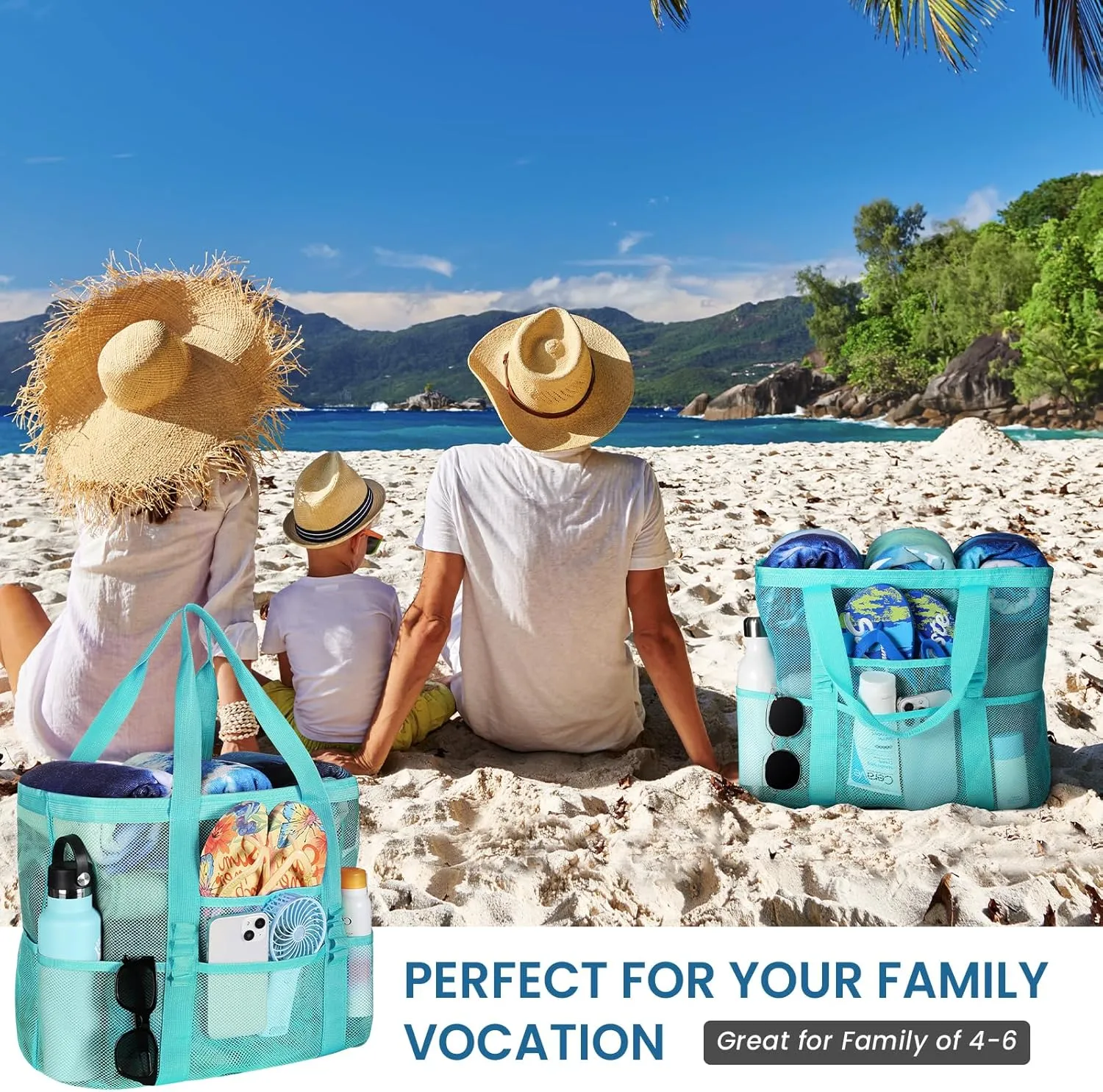 Tavaleu Mesh Beach Bag - Large Beach Tote with Multi Functional Pockets for Family Travel/Vacation