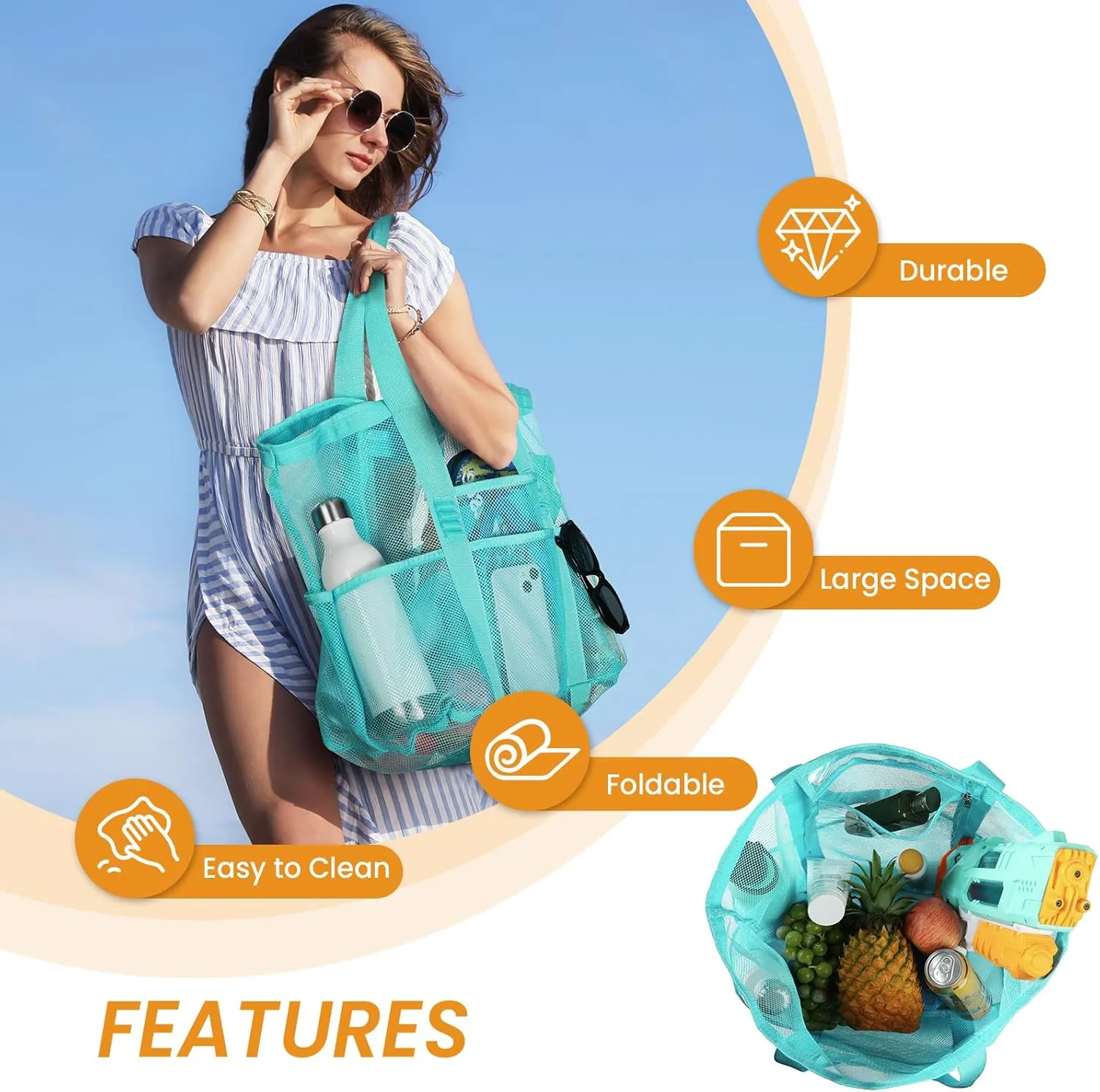 Tavaleu Mesh Beach Bag - Large Beach Tote with Multi Functional Pockets for Family Travel/Vacation