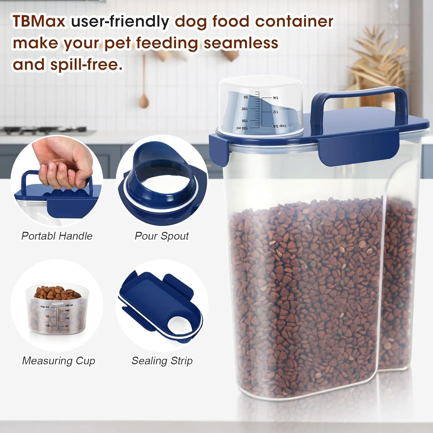 TBMax Large Cat Food Storage Container, Portable Dog Food Container with Upgraded Large Spout and Cup, Travel Pet Food Storage Dispenser for Kibble Storage, Bird Seed Container - Dark Blue