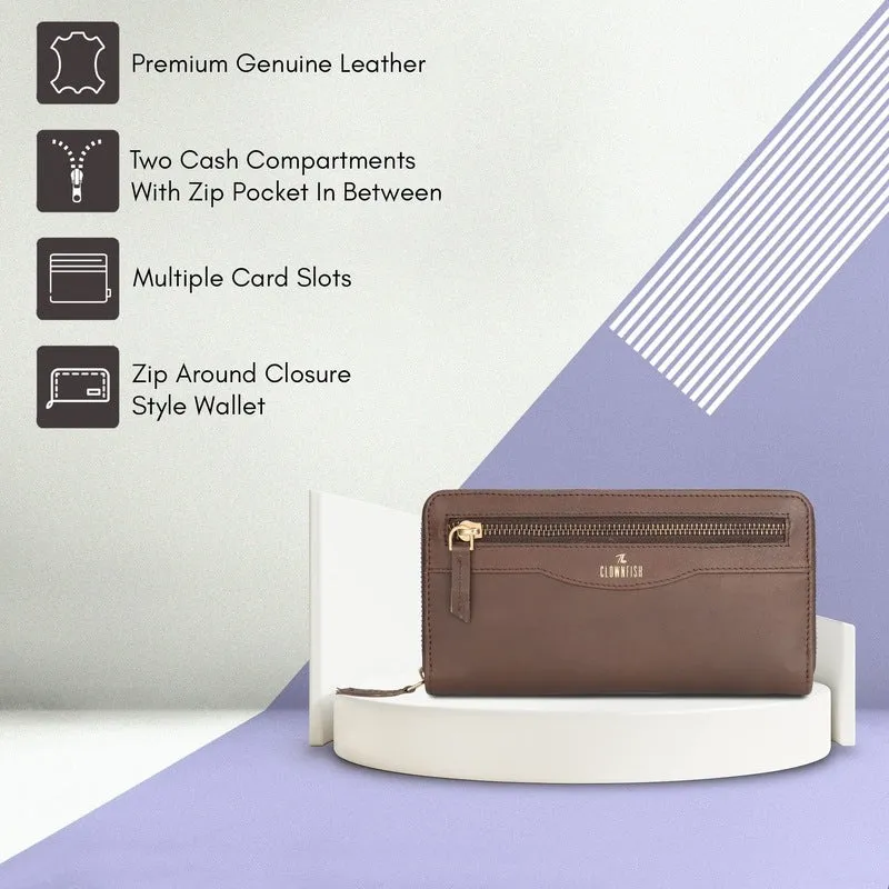 THE CLOWNFISH Eliana Collection Genuine Leather Wallet Clutch | Multi-Compartment Design | Dark Brown