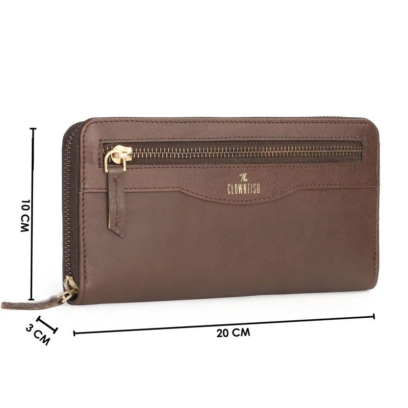 THE CLOWNFISH Eliana Collection Genuine Leather Wallet Clutch | Multi-Compartment Design | Dark Brown