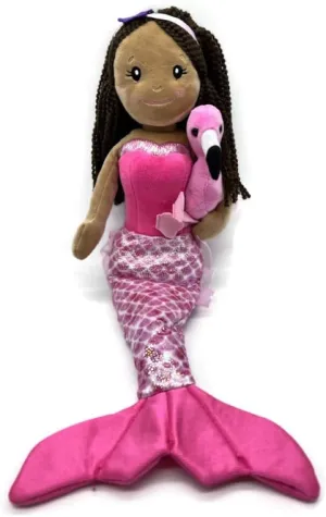 The Petting Zoo Mermaid Doll with Flamingo Stuffed Animal- Great Gifts for Girls, Mermaid Plush Doll with Flamingo Plush Toy, 17 inch (Dark Skin)