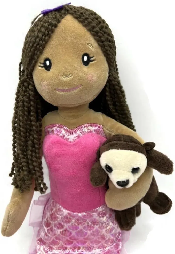 The Petting Zoo Mermaid Doll with Sea Otter Stuffed Animal- Great Gifts for Girls, Mermaid Plush Doll with Sea Otter Plush Toy, 17 inch (Dark Skin))