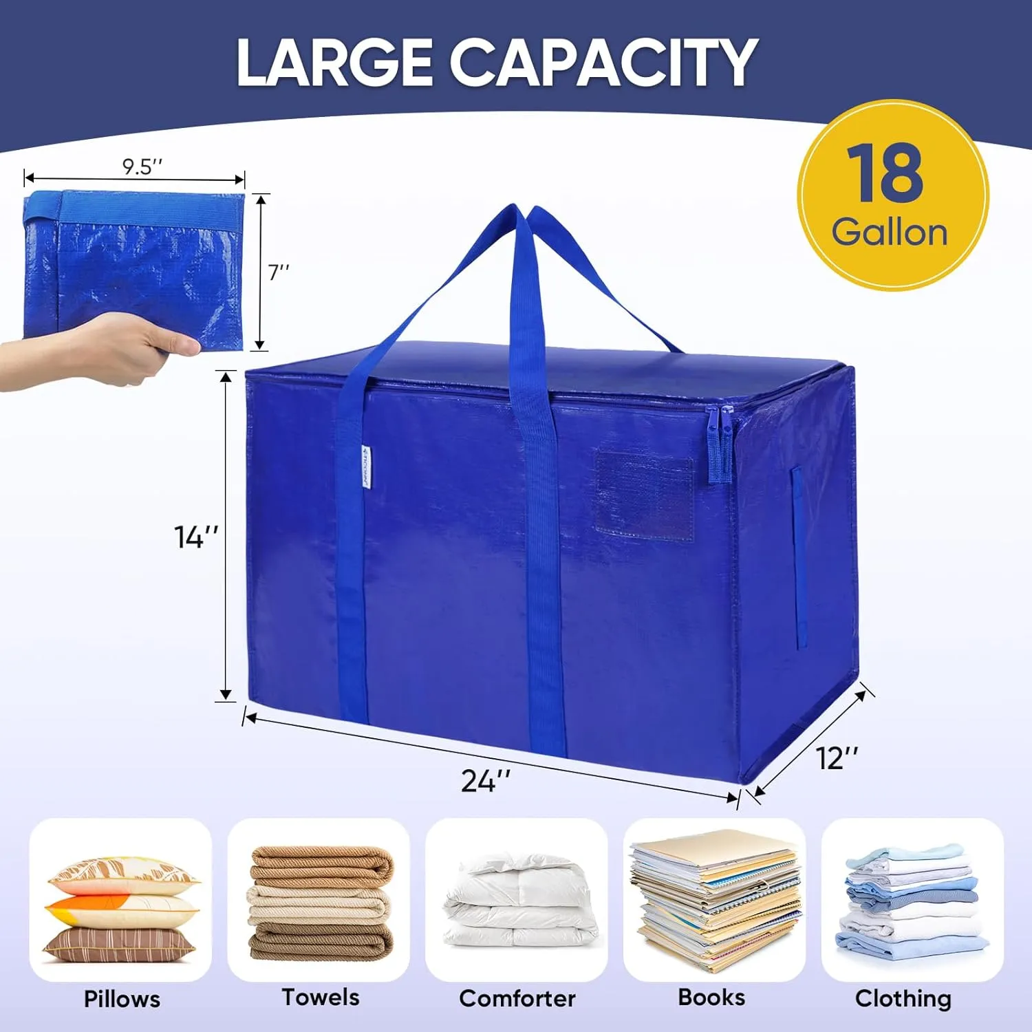 TICONN 16 Pack Extra Large Moving Bags with Zippers & Carrying Handles, Heavy-Duty Storage Tote Moving Boxes for Space Saving (16 PK, 18 Gallon)